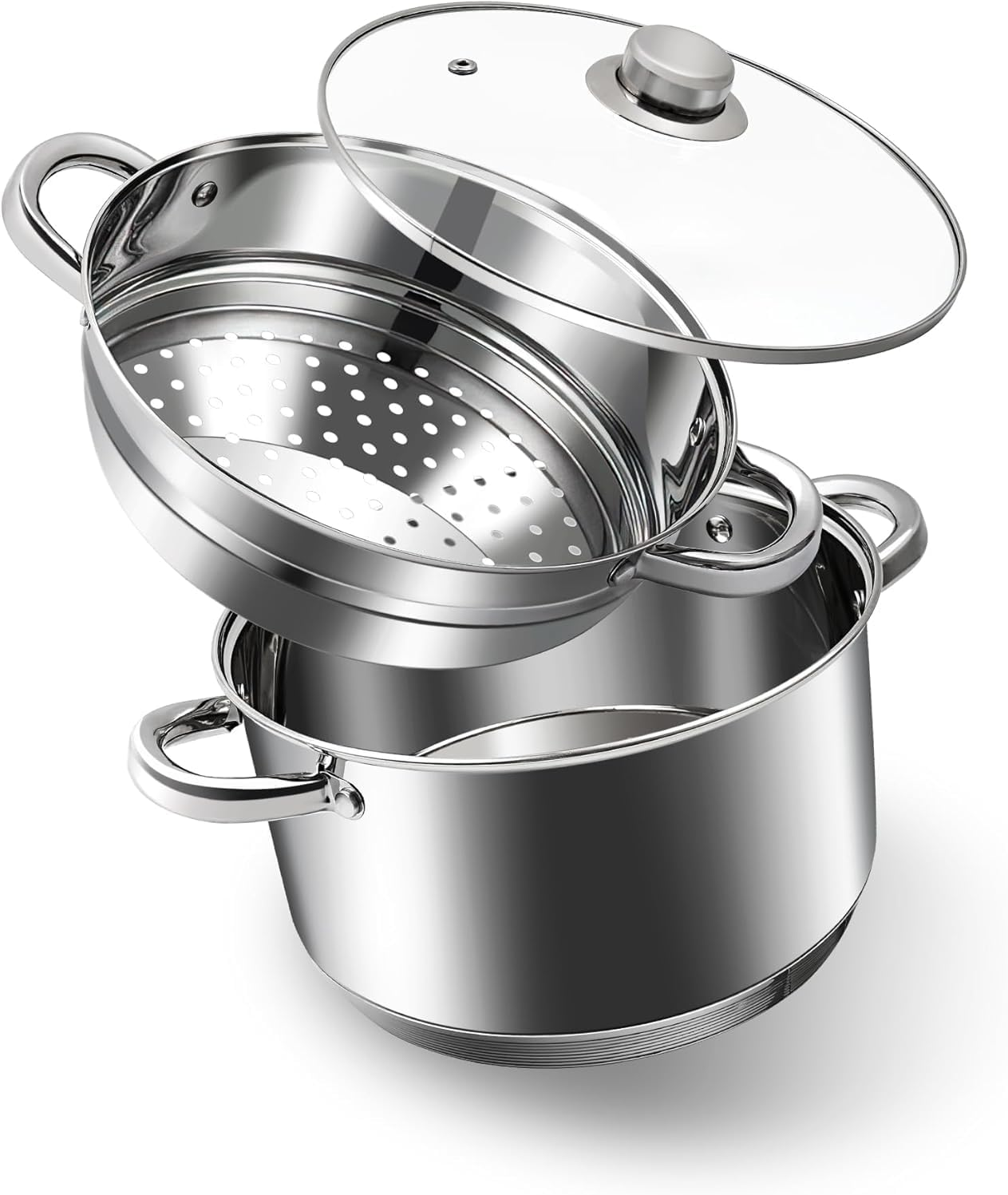 ASKSCICI 4 Quart 18/10 Stainless Steel Tri-Ply Stockpot with Tempered Glass Lid and Multipurpose Steamer Insert - Compatible with All Cooktops, Non-Toxic, Oven and Dishwasher Safe Silver Steamer Pot image number 5