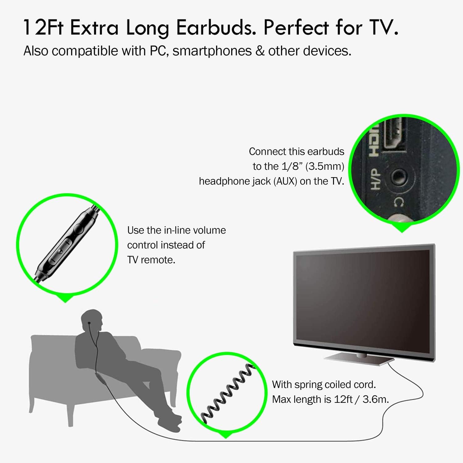 Extra Long Wired Headphone for TV with 12 FEET Spring Coiled Extension Cable, Earphones Earbuds for 3.5Mm Audio Output Devices, Metal Stereo Bass In-Ear Headset with Volume Control-Changeek CGS06 image number 3