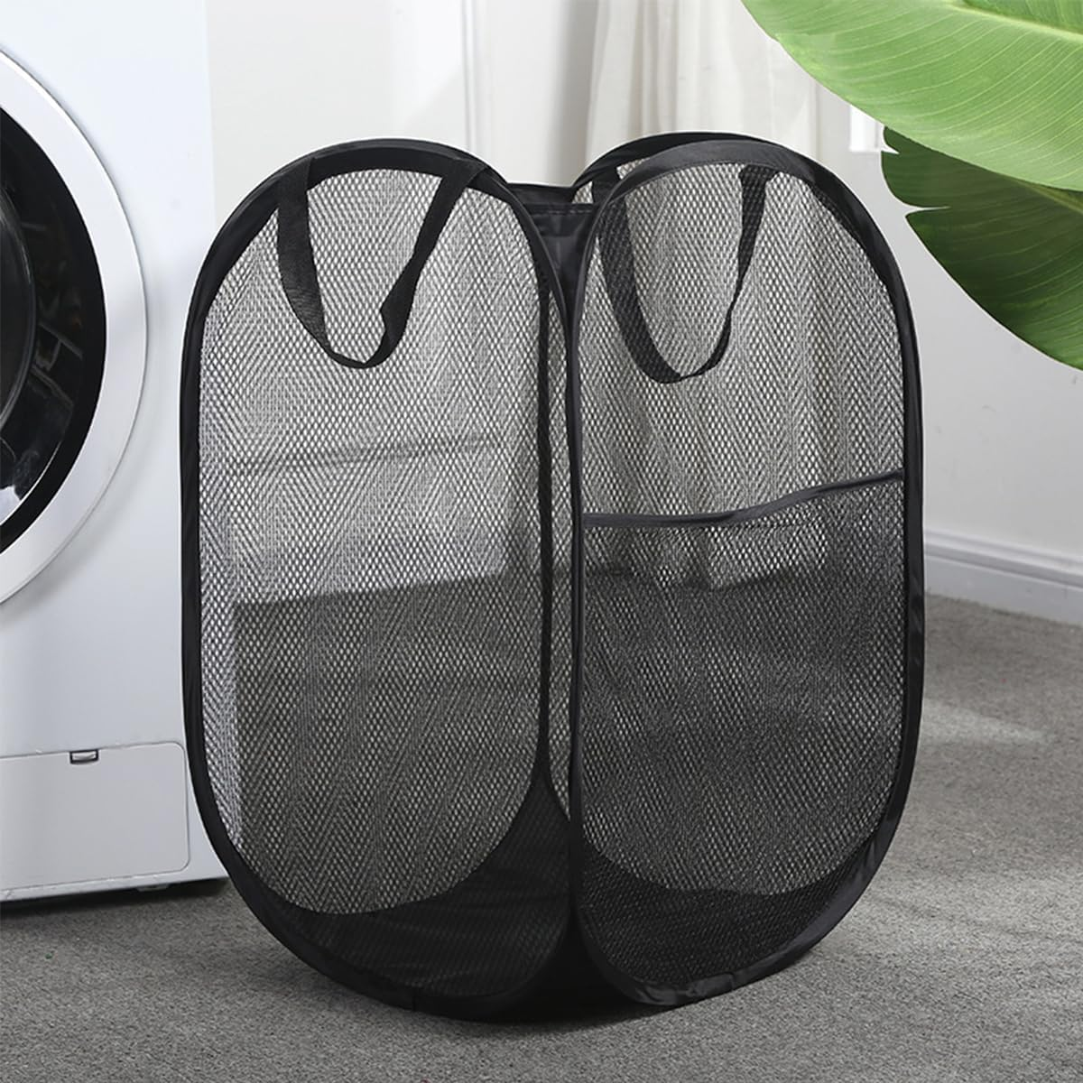 NUZAMAS Mesh Pop up Laundry Hamper Basket Foldable Large Laundry Hamper with Side Pocket Dirty Clothes Basket with Handles for Bathroom Bedroom College Dorm Black