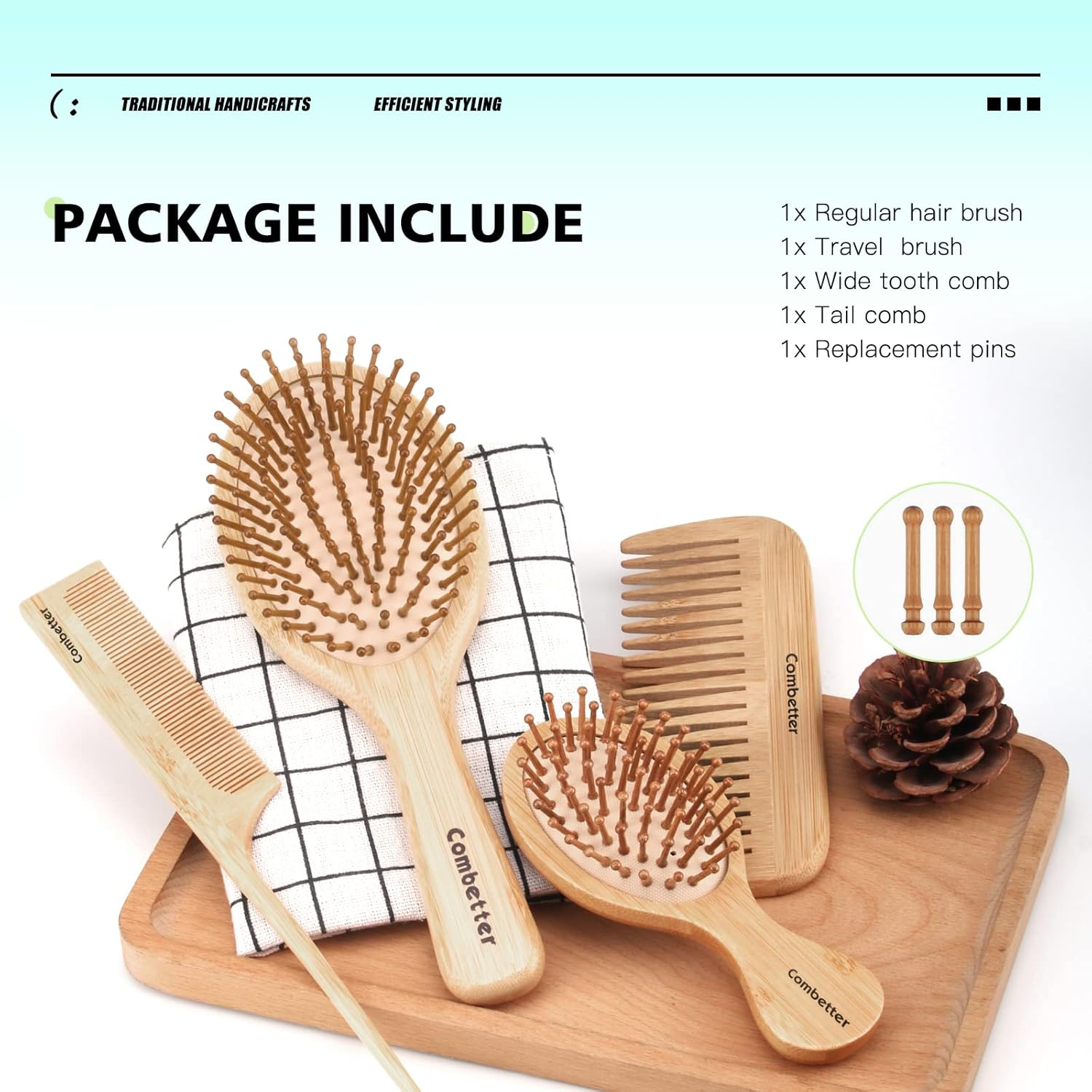 Combetter Bamboo Hair Brush and Comb Set, Eco-Friendly Natural Bamboo Paddle Hair Brush Set, Scalp Massage for Women, Men and Children image number 6