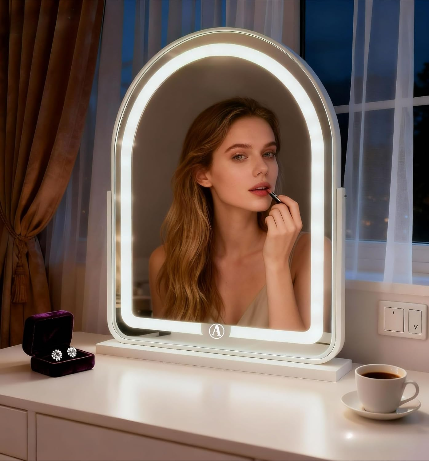 GDJIAYIYI Arched LED Vanity Mirror,Makeup Mirror with Lights,Tabletop Makeup Mirror,Touch Switch Adjustable Brightness, 360&deg; Rotation, 3-Color Light Countertop Vanity Mirror (White,44 * 32Cm)