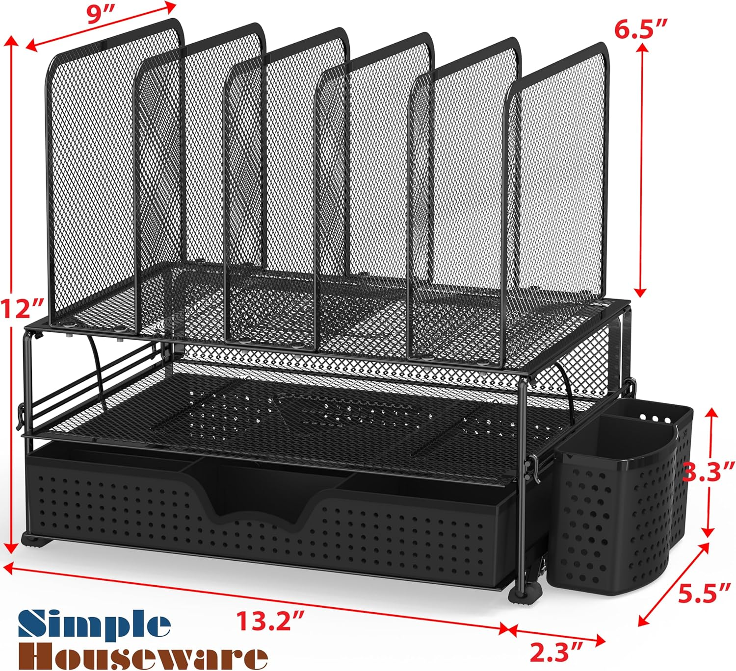 Simple Houseware Desk Organiser with Sliding Drawer, Double Tray and 5 Upright Sections, Black