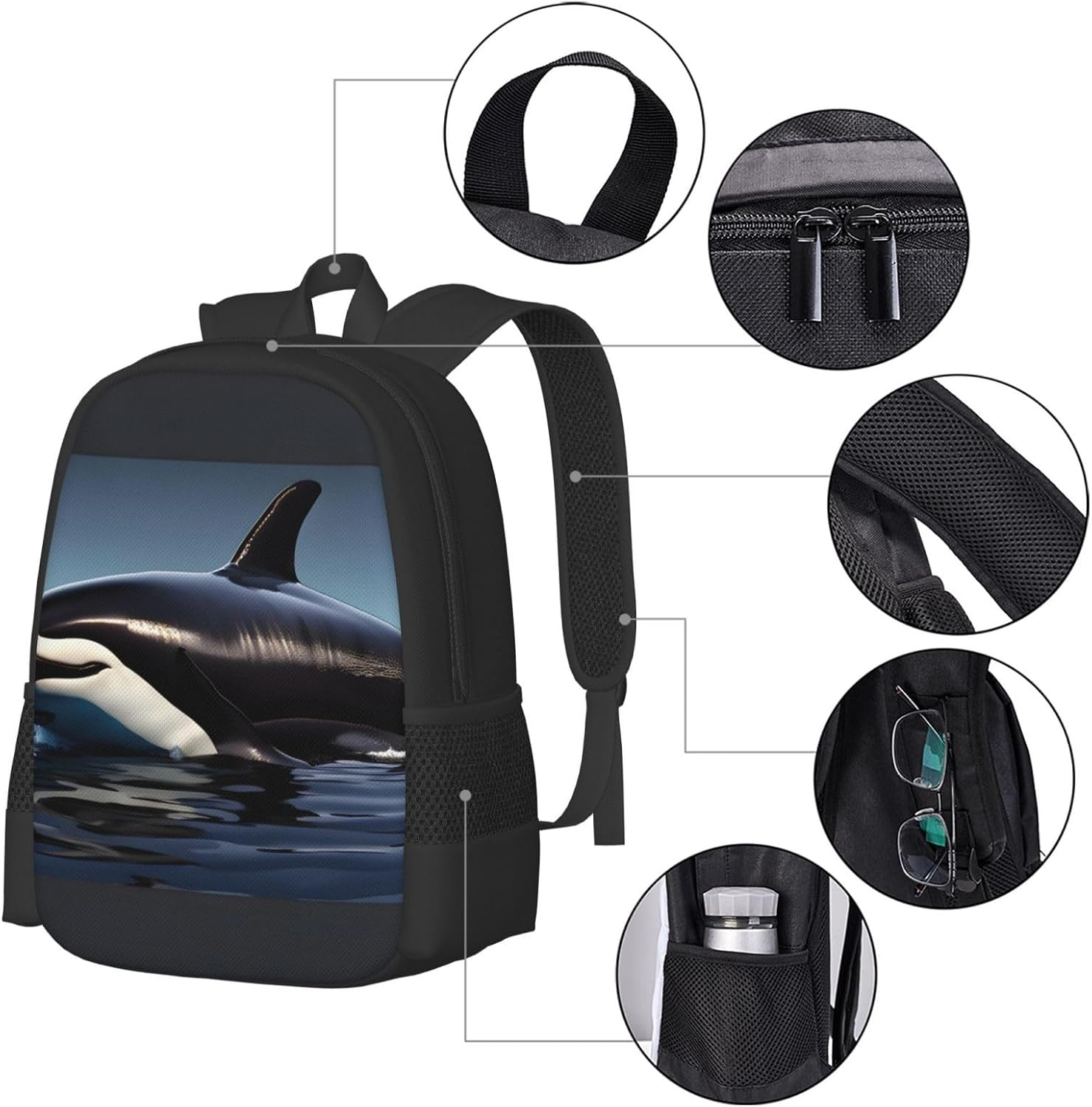 DRTGEDS Orca Killer Whale Print Canvas Backpack for Men Women,Casual Rucksack Backpack, Laptop College Hiking Travel Bag image number 3