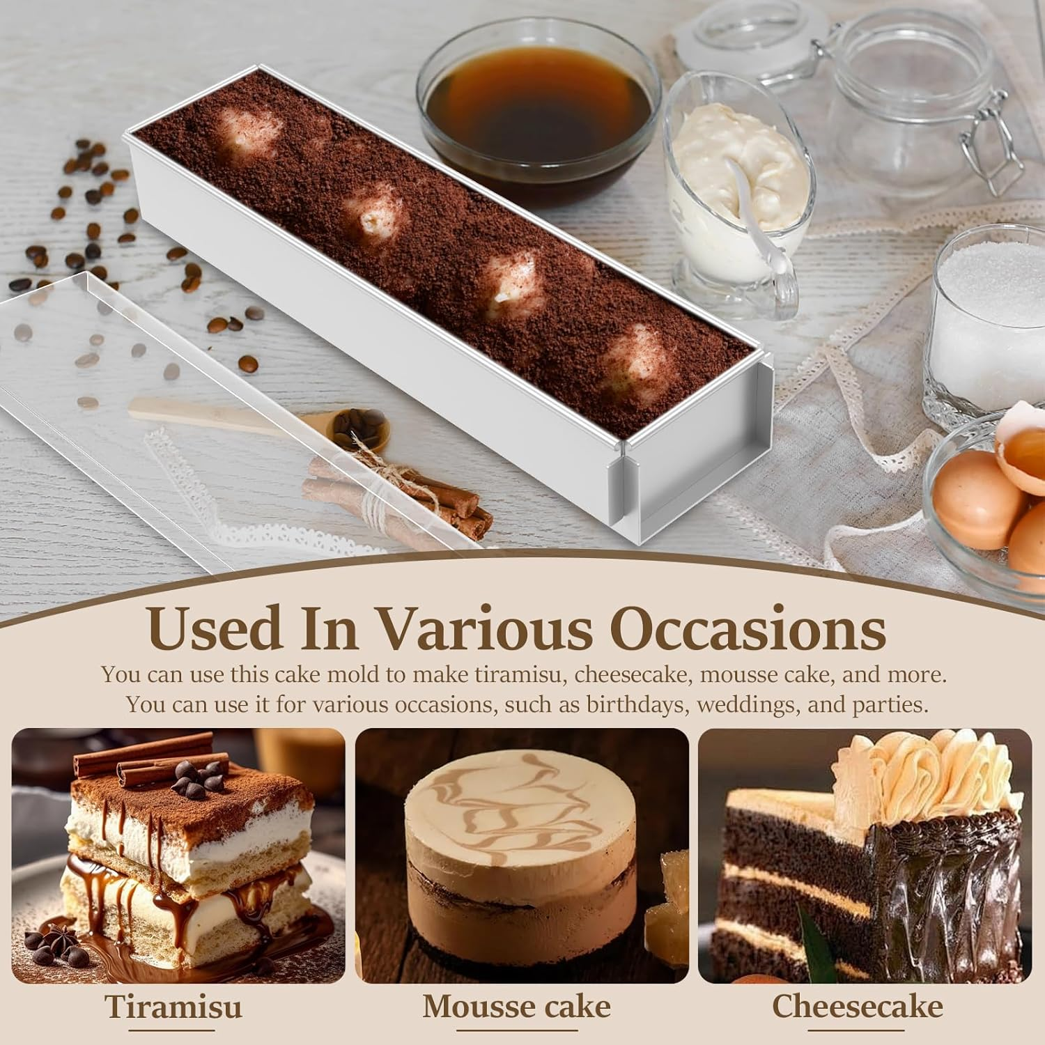 DJAPWPX Rectangle Cake Mold, Aluminum Alloy Rectangle Cake Mold with Acrylic Lid, Practical Tiramisu Pan with Removable Side Panel for Cheesecake Baking image number 4