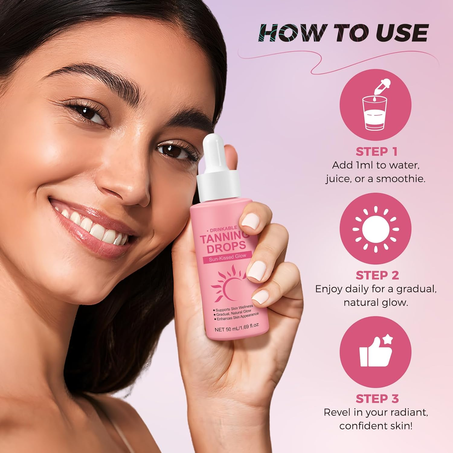 2Pcs Sunless Tanning Drops to Drink, Natural Drinkable Sunless Tanning Drops, Oral Self Tanning Drop Gradual Glow, Moisturizing Tanner for Face & Body, Tanning Supplement Naturally Boost Melannin image number 3