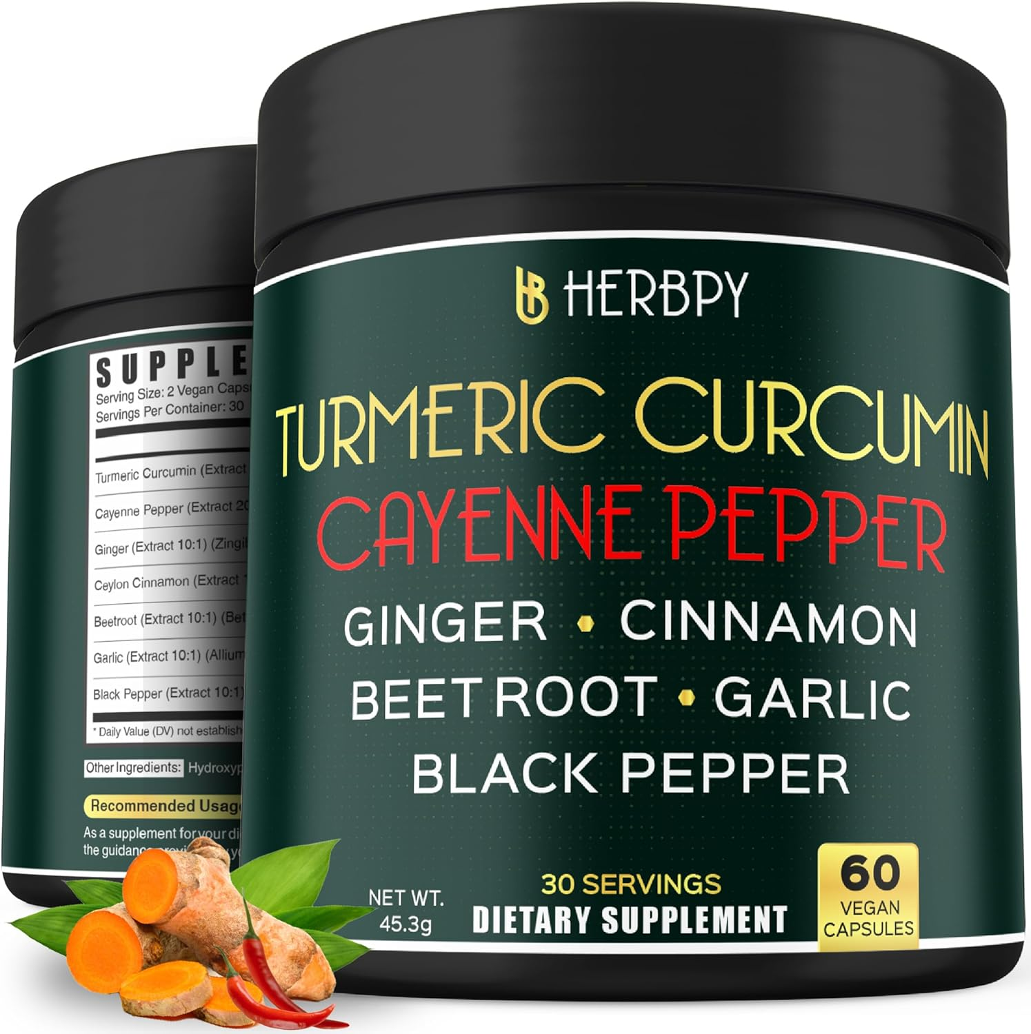 Herbpy 7In1 Turmeric and Cayenne Pepper Supplement - Digestion, Immune, Brain & Heart Health Support with Ceylon, Ginger, Garlic, Beetroot 2Pack60 image number 2