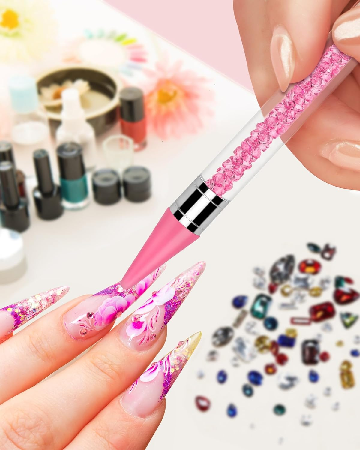 Difenni Rhinestone Picker Tool Set,Rhinestone Applicator Tool,Rhinestone Picker Dotting with 4 Extra Pink Replaceable Wax Head and 2 Tweezer (Pink) image number 4