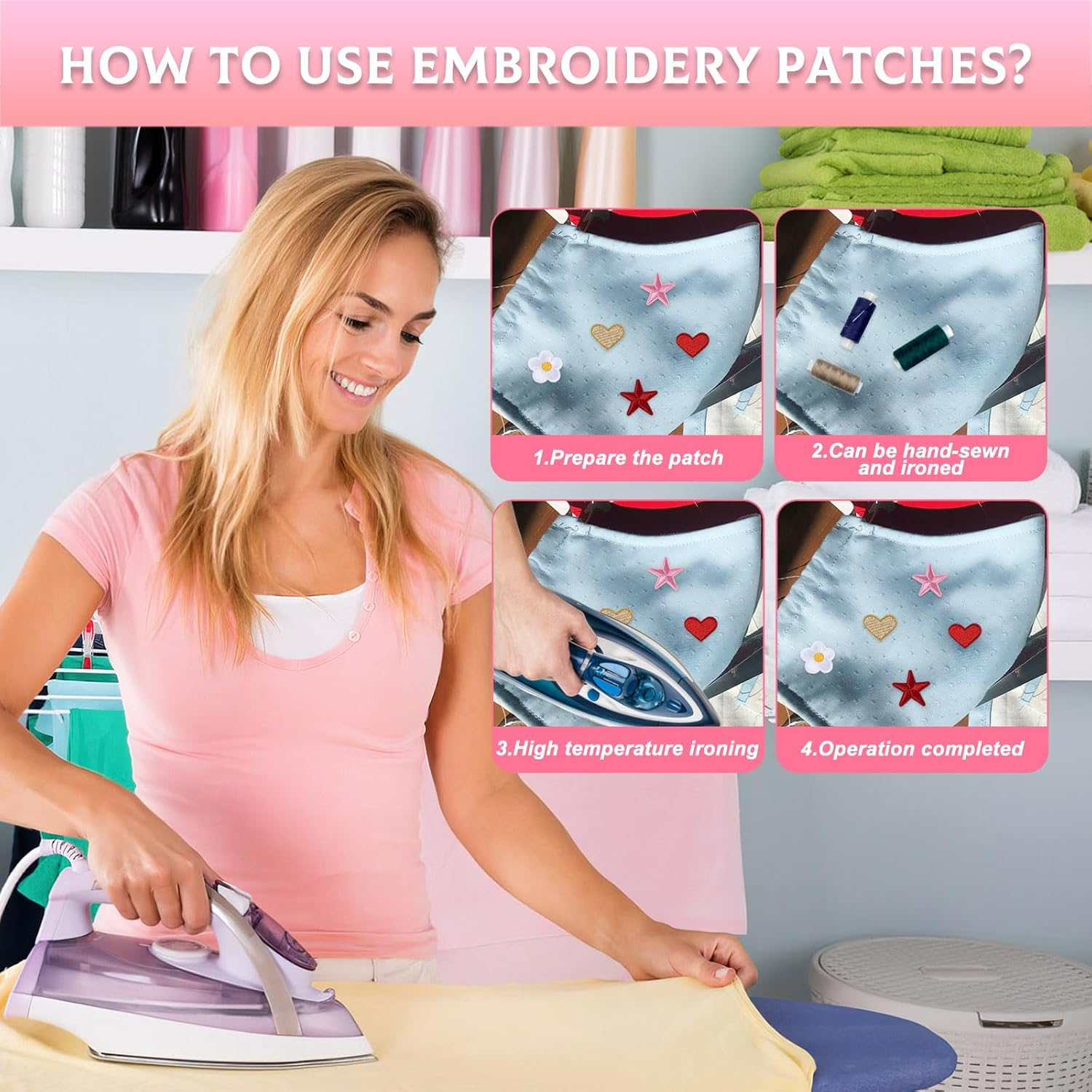 96 PCS Colorful Sew Iron on Patches for Clothing, Flower, Star, Heart Patches, Mini Embroidery Applique Patches for Backpacks Jackets Jeans Hats DIY Accessories (Colorful) image number 6