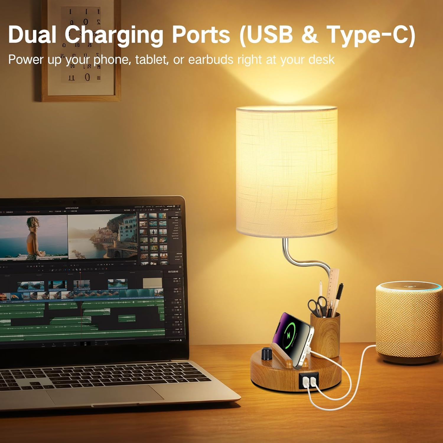 OUTON Bedside Table Lamps &ndash; Stepless Dimmable Nightstand Light with Linen Shade, USB-A & USB-C Ports, Phone Stand & Pen Holder, 2700K Warm LED Bulb Included, for Bedroom, Dorm, Office, Wood image number 4