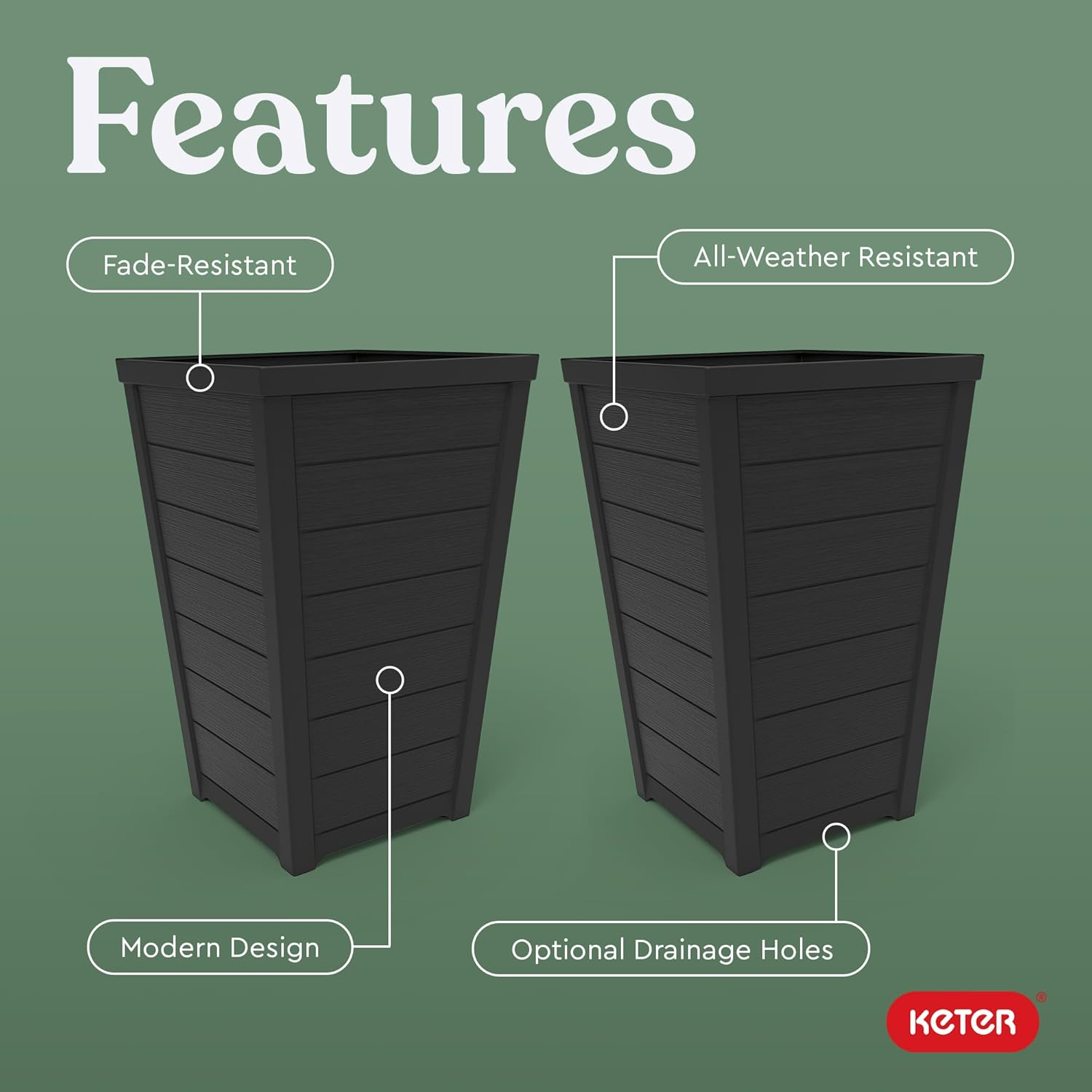Keter Set of 2 Resin Modern Outdoor 22 Inch Tall Large Flower Pots, Tapered Wood Look Planters for Outdoor Plants and Front Porch Decor, Graphite image number 2