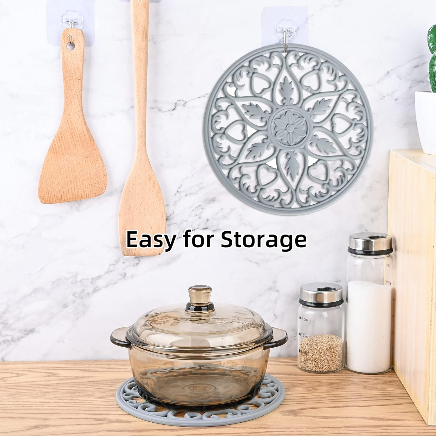 Trivets for Hot Dishes, Silicone Trivets Hot Pads for Pots and Pans, Carved Trivet for Kitchen, Multi Purpose Heat Resistant Mat, round Silicone Plate Mats Set 3 Black image number 1