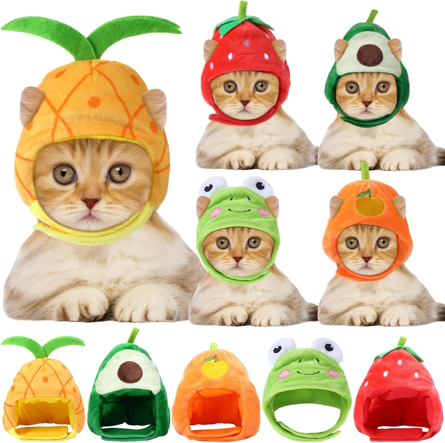 5 Pcs Cat Hat Adorable Costume Bunny Hat with Ears Funny Mane Cat Hat for Cats and Small Dogs Kitten Puppy Party Costume Accessory Headwear (Panda, Rabbit, Pineapple, Strawberry, Flower)