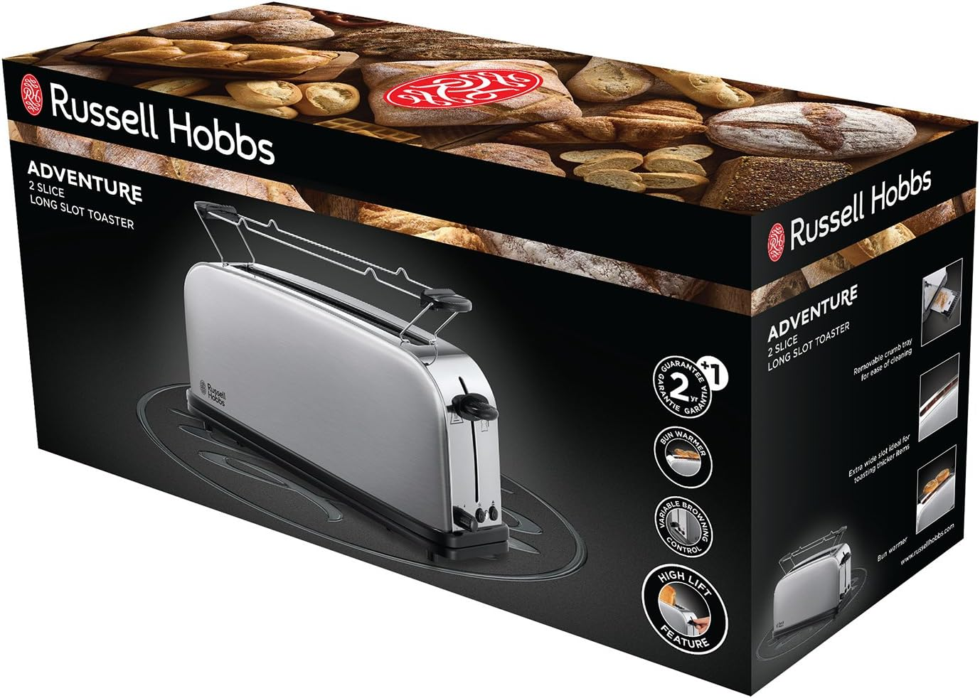 Russell Hobbs Toaster [Long Slot for 2 Slices / 1 Wide Slice of Bread] Adventure Stainless Steel (Extra Wide Toast Slot, Includes Bun Attachment, 6 Browning Levels + Defrost Function, 1000W) 21396-56 image number 6