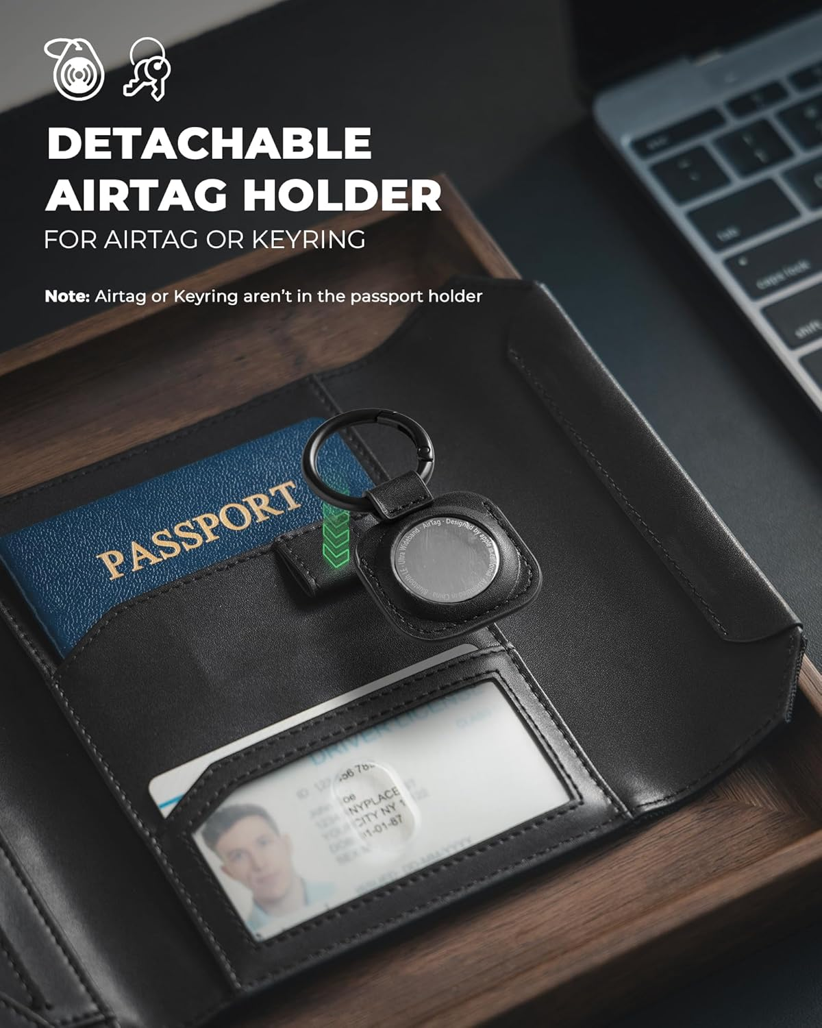 VULKIT Passport Card Holder, Vegan Leather Passport Wallet, RFID Blocking, Travel Essential, Magnetic Closure, Detachable Airtag Holder, Black - Blue image number 5