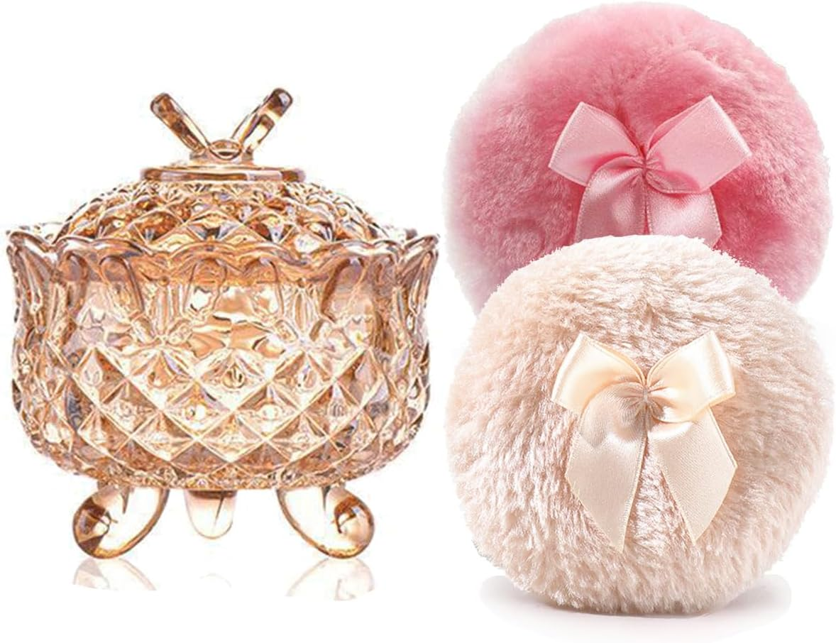 Luxury 4 Inch Glass Loose Powder Container with 2 Soft 3.5" Puffs｜Non-Sealed Refillable Organizer Storage for Body Powder Makeup & Jewelry & Setting Applicator(Crown-Clear)