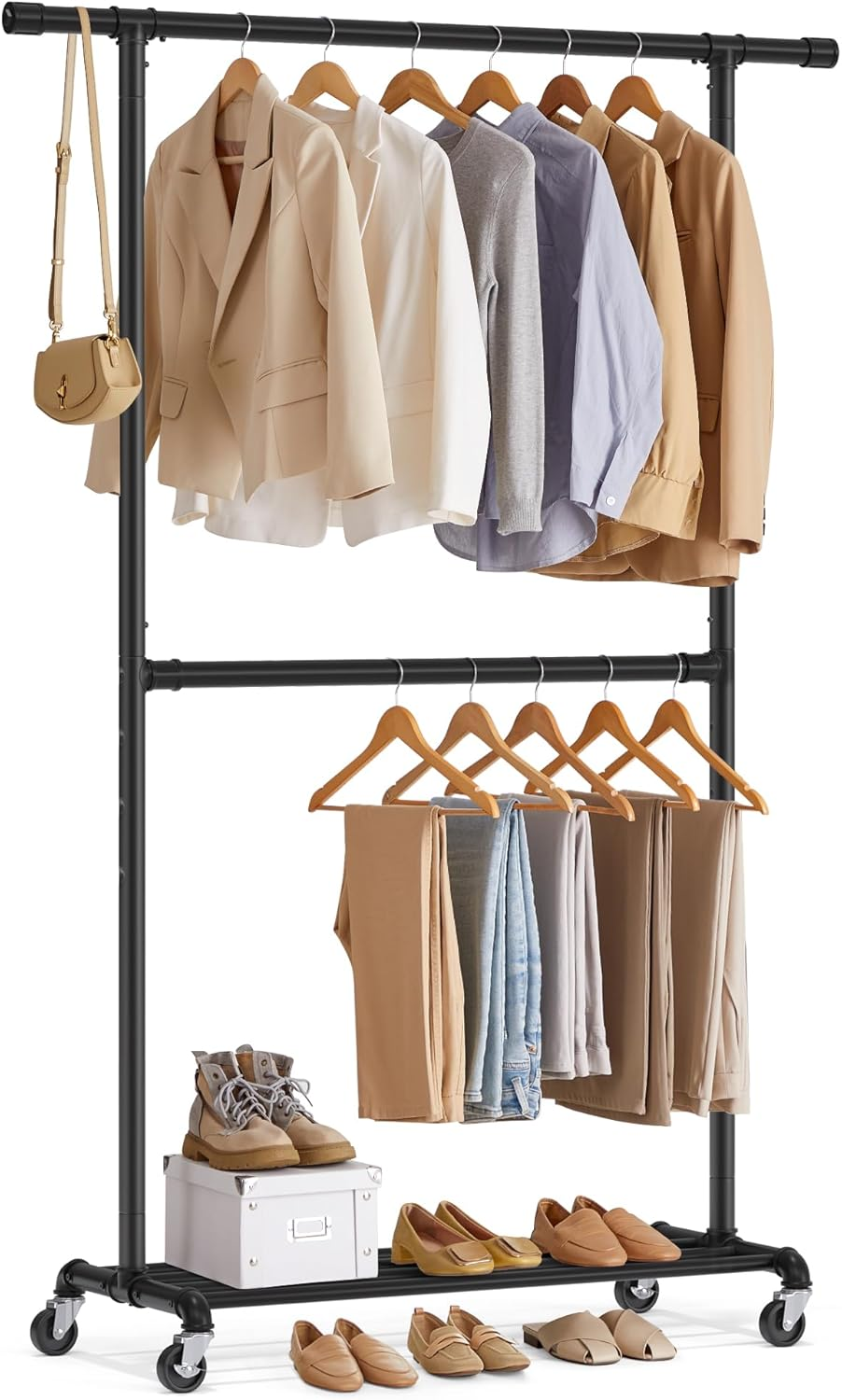 SONGMICS Heavy-Duty Clothes Rack, Double-Rod Clothing Rack for Hanging Clothes, Industrial Garment Rack on Wheels, Metal Frame, 2 Casters with Brakes, Commercial Display, Black UHSR60B