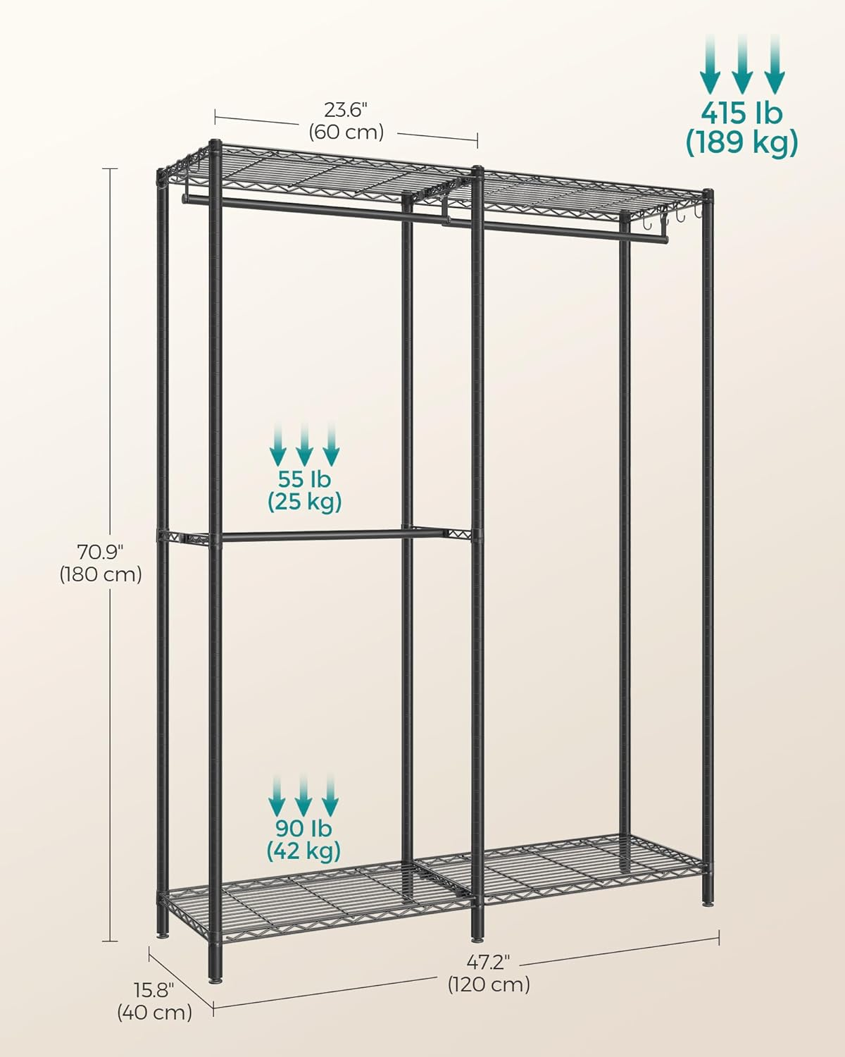 SONGMICS Clothes Rack, Freestanding Wardrobe Closet, Metal Clothing Racks, Heavy-Duty Garment Rack with Adjustable Wire Shelves, Hanging Rods, Hooks, Dividable, Ink Black ULGR423B01 image number 4