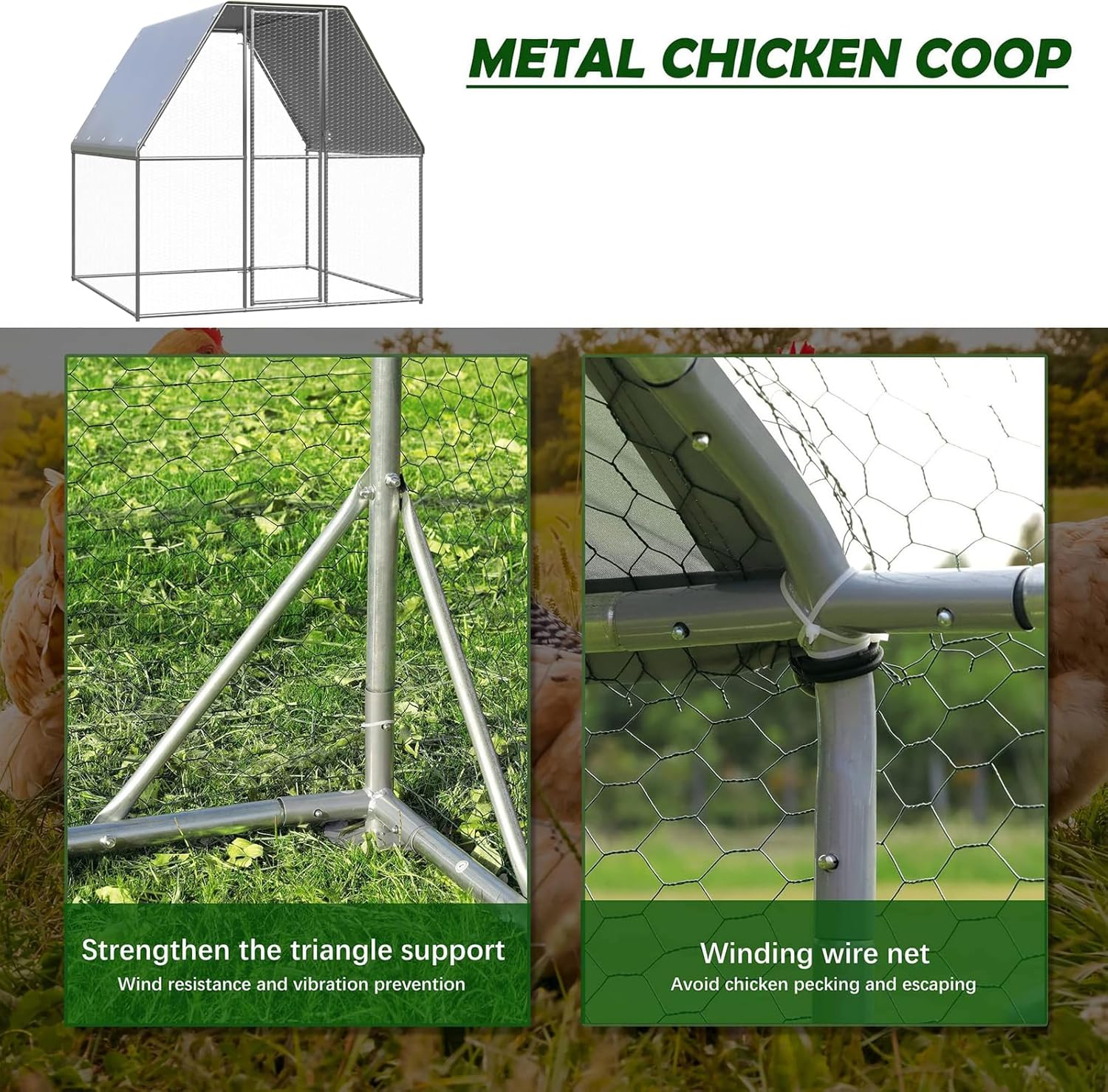 Metal Chicken Coop 2X2X2M Chicken Runs with Cover,Duck Coop Cage for Outdoor Backyard Farm Rabbit Small Animal Dog Poultry Cat Hutch image number 5