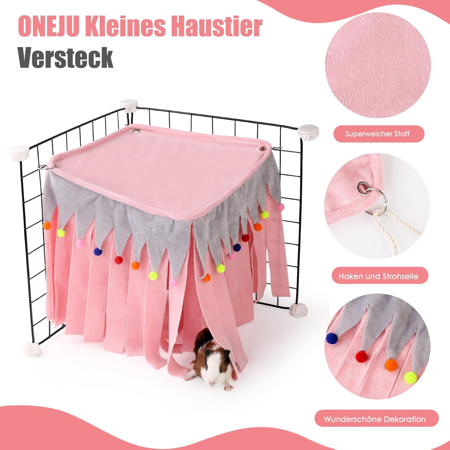 ONEJU Guinea Pig Hideout, Hideout for Guinea Pig, Guinea Pig Hideouts, Four-Sided Guinea Pig Hideouts for Guinea Pig, Bunny, Hamster, Chinchilla, Rabbit without Metal Fences - Pink