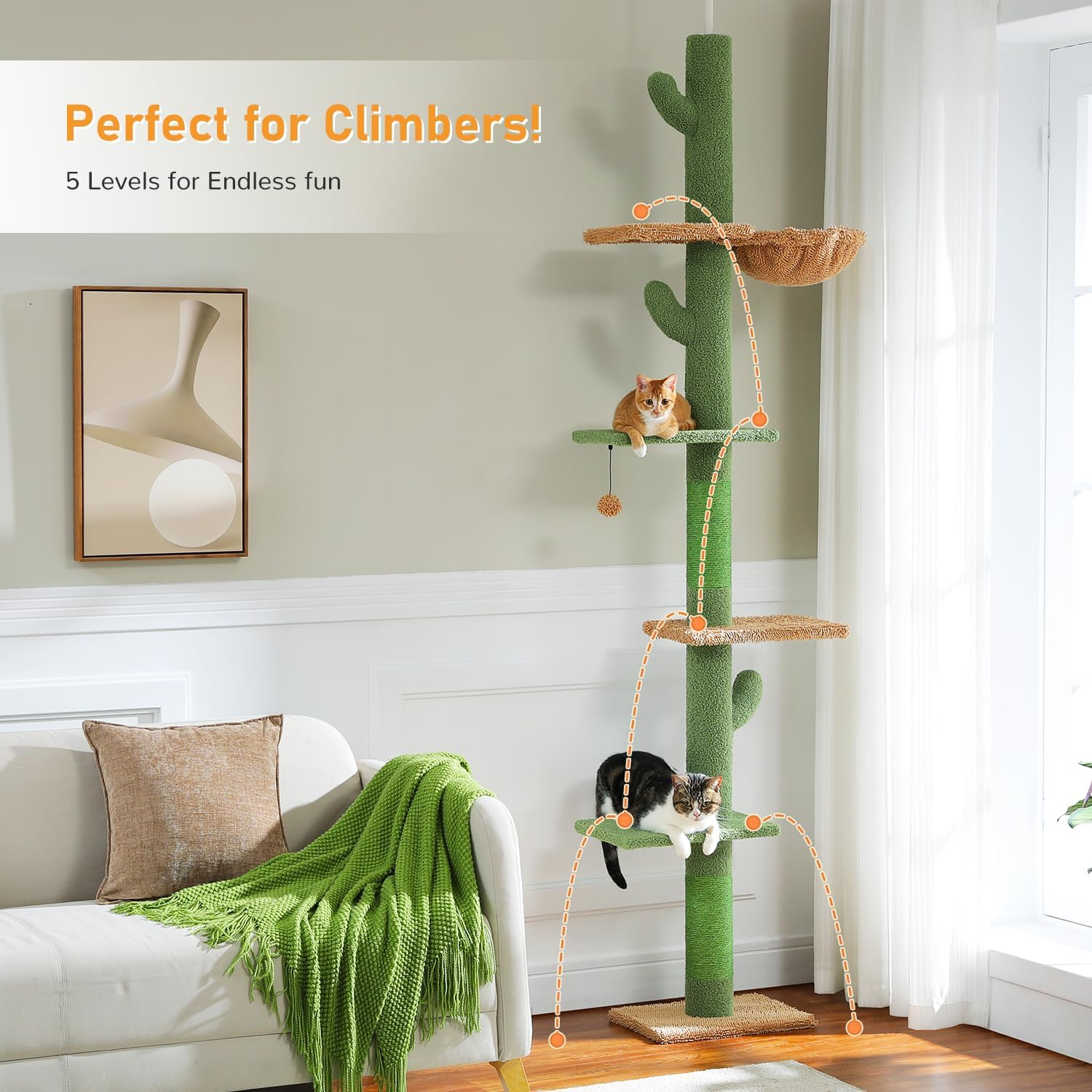 PAWZ Road Cactus Cat Tree Four Tier Floor-To-Ceiling Cat Climbing Tower with Cozy Hammock, Cat Activity Center 9 Feet image number 6