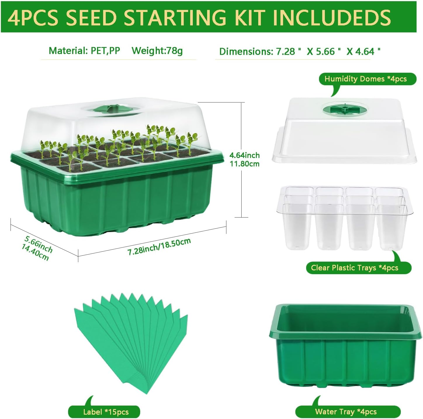 48-Cell Seed Starter Trays, 4 Pack &ndash; Plant Growing Kit with Humidity-Control Domes and Bases for Organic Seed Germination, Includes 15 Plant Labels image number 5