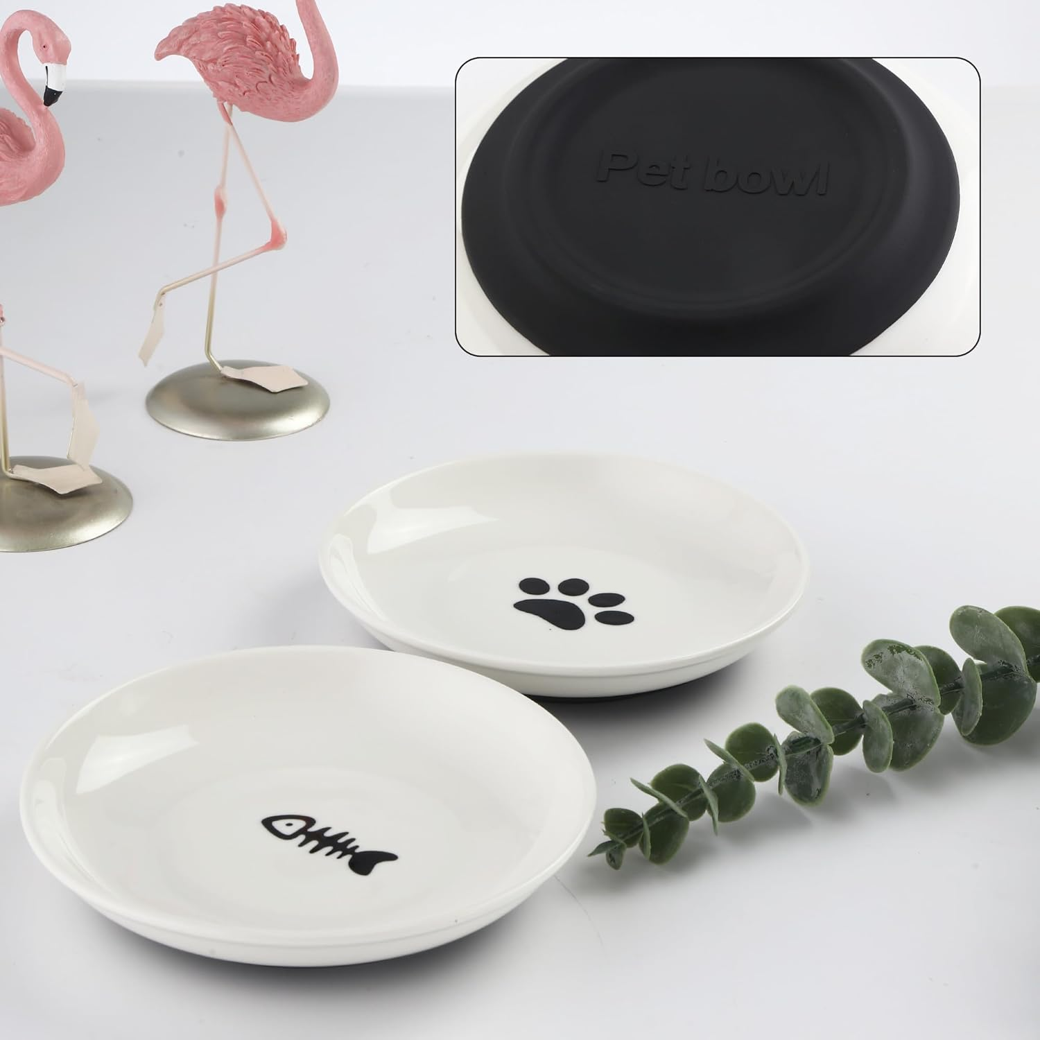 Pack of 3 Cat Feeding Bowls, Ceramic with Non-Slip Rubber Base, 15 Cm Diameter, Cat Bowl for Pet Cats and Puppies