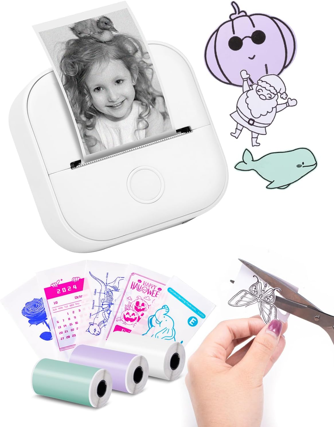 Mini Sticker Printer - T02 Portable Pocket Printer with 3 Rolls Paper, Bluetooth Photo Picture Printer for Students Birthday, Compatible with Phone & Tablet, White image number 6
