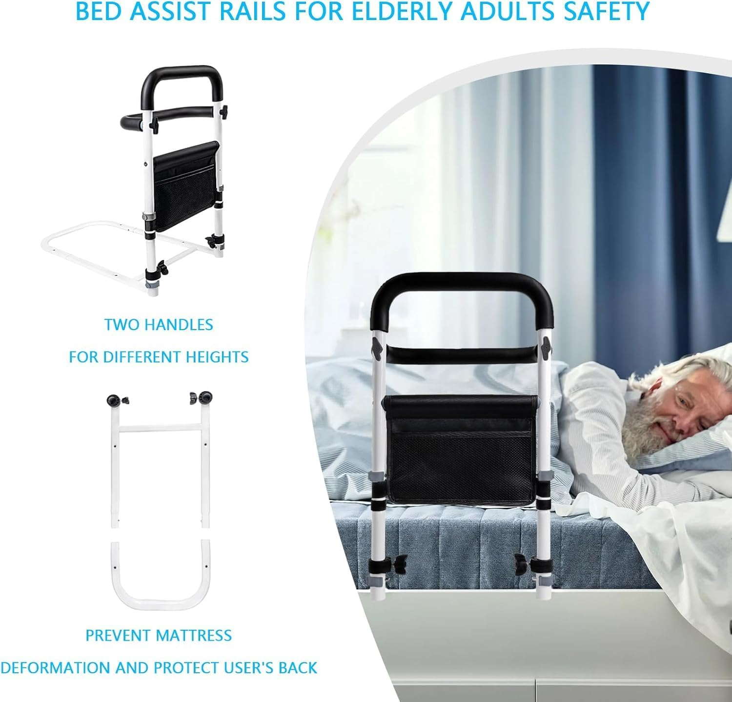 Bed Rails for Elderly Adults Safety with 2 Handles,Bed Assist Rail Adjustable Height for Seniors,Double Crossbeam Bed Cane with Side Rails for Maximum Safety and Support image number 4