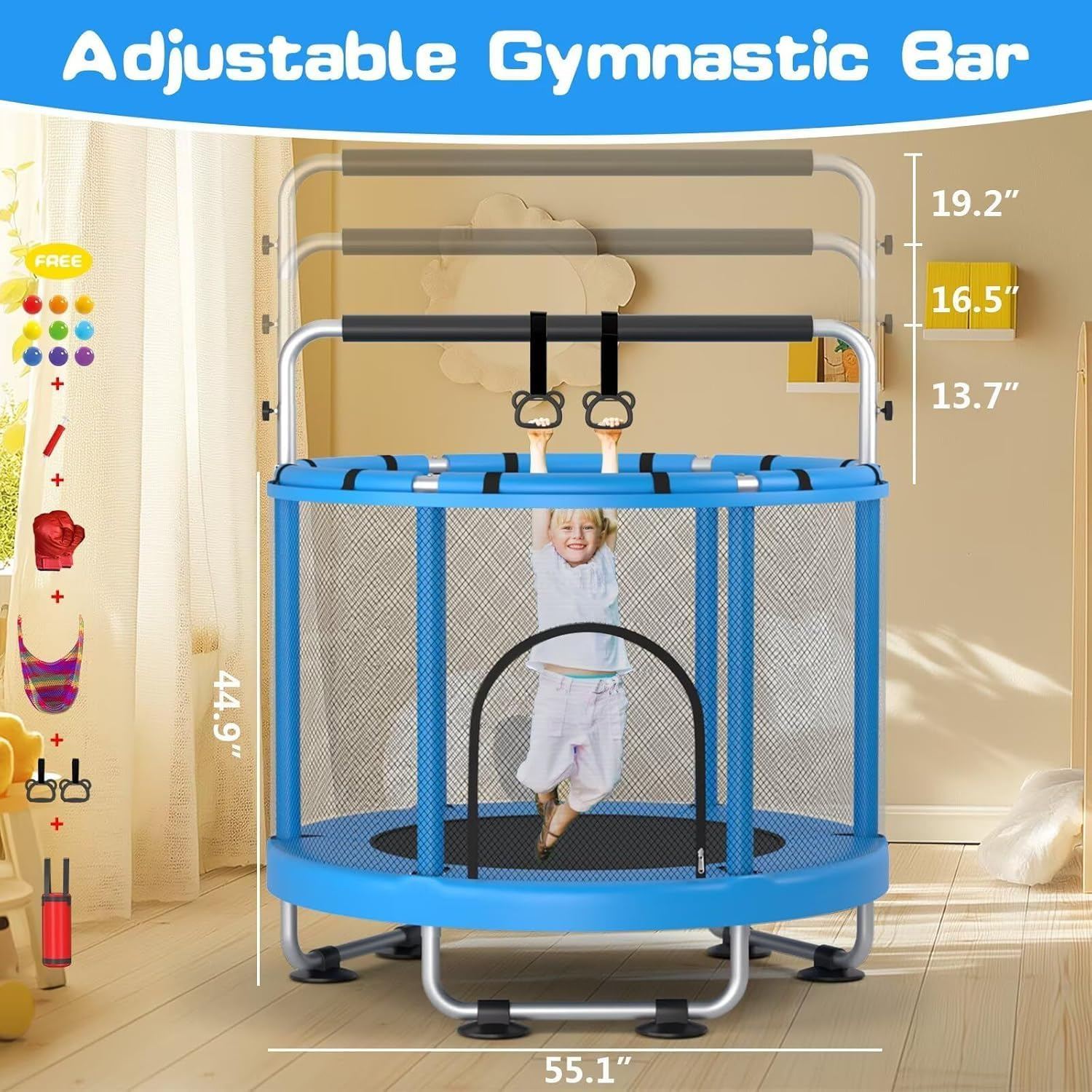 60" Trampoline for Kids with Enclosure, 440Lbs Capacity Indoor & Outdoor Toddler Trampoline with Adjustable Gymnastics Bar & Toys, for Boys & Girls (Blue) image number 3