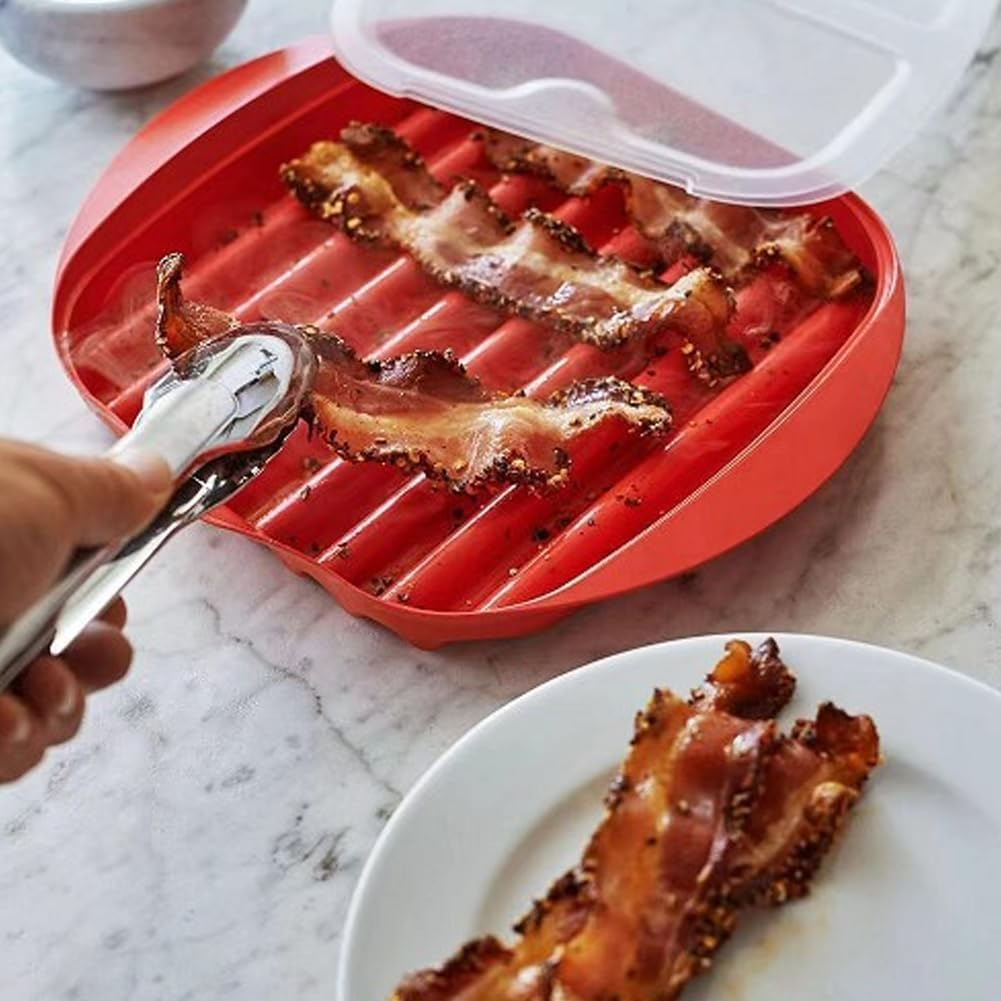 Red Microwave Bacon Tray with Splatter Lid - No Mess Bacon Cooker for Crispy Bacon in 3 Minutes, Dishwasher Safe & Bpa-Free, Microwave Safe Kitchen Accessories for Breakfast Cooking image number 6