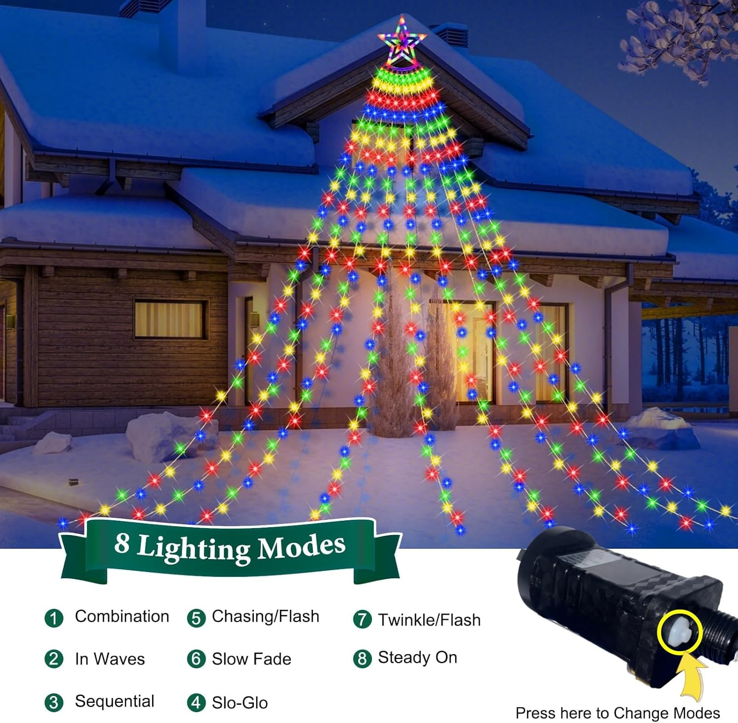 Outdoor Christmas Decorations Lights - Christmas Waterfall Star Lights with Star Toppers & SAA Approved Adapter, Multi-Color 8 Modes Lights Gifts for Yard Patio Holiday Xmas Decorations image number 4