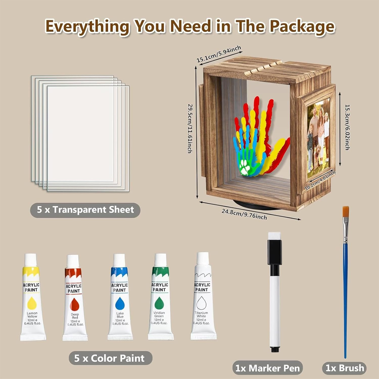 360 Rotating Family Handprint Kit, DIY Craft Keepsake for Baby Footprint Kit, Wooden Frame with 5 Paints Colors & Transparent Sheets, Gifts for Handprint Family Keepsake（Brown） image number 3
