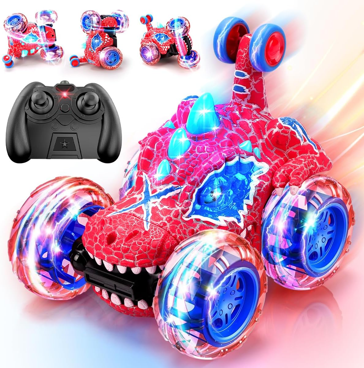 REMOKING Remote Control Car for Kids Age 3-8, 2.4Ghz Dinosaur Toys RC Car 360&deg;Stunt Rotation, 4WD Wheel with Cool Lights,Rechargeable Vehicle Outdoor Game for 3 4 5 6 Year Old Boy Gift image number 2