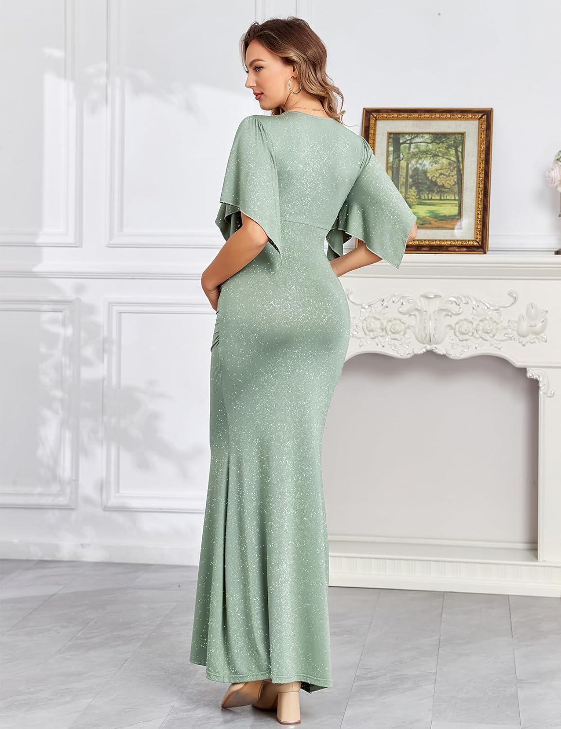 Maxi Maternity Dress with Flower Sash Semi Formal Baby Shower Wedding Guest V-Neck Handkerchief Sleeves Elegant, Sparkly Light Green, without Flower Sash, Medium image number 1