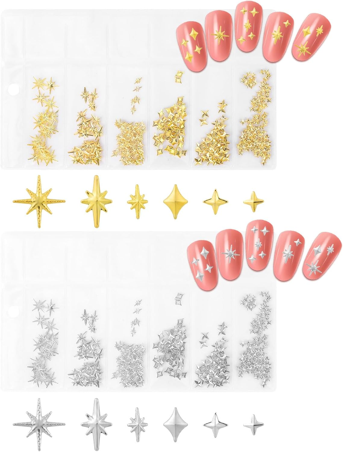 BOXOB 800Pcs Star Nail Charms, Gold & Silver 3D Star Nail Jewelry Decorations Reusable Metallic Studs Nails Rhinestones Gems Manicure Supplies for Women Girls DIY Craft Accessories image number 4