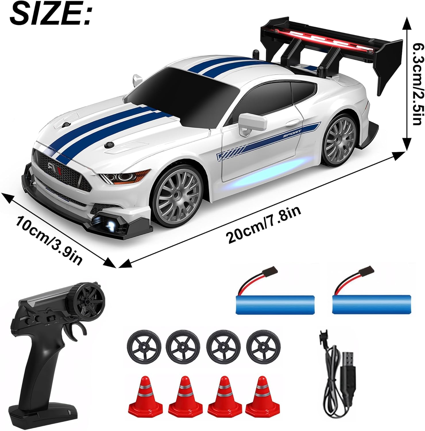 RC Drift Car with LED Lights, 1:24 4WD 2.4Ghz Remote Control Car for Kids Adults (White) - White image number 3