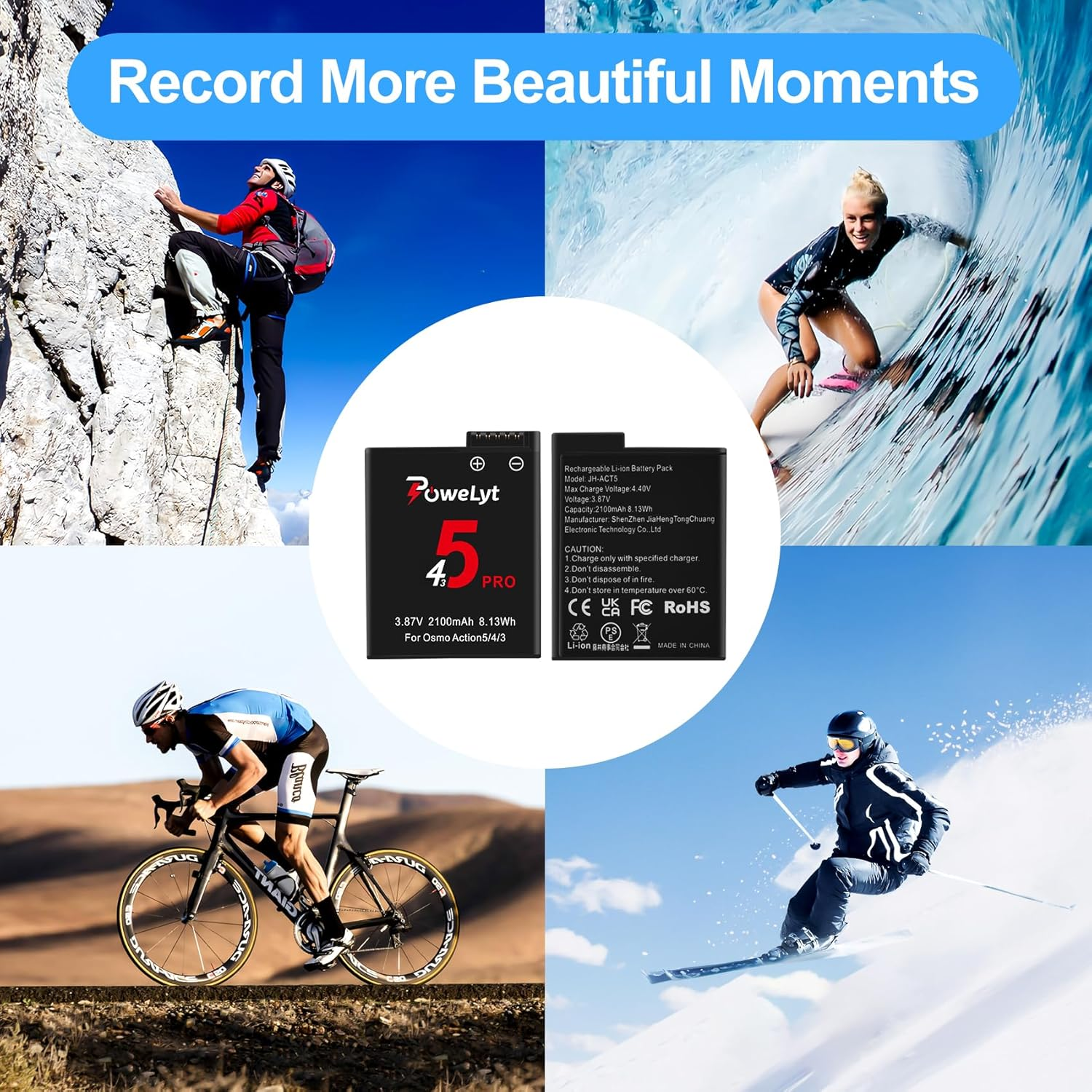 Powelyt Osmo 360/Action 6/5 Pro/4/3 Battery 2 Packs 3.87V 2100Mah Osmo Action 5 Pro Batteries and 3 Channels Charging Station Compatible with DJI Osmo Action 6/Action 5 Pro/Action 4/Action 3,Osmo 360 image number 2