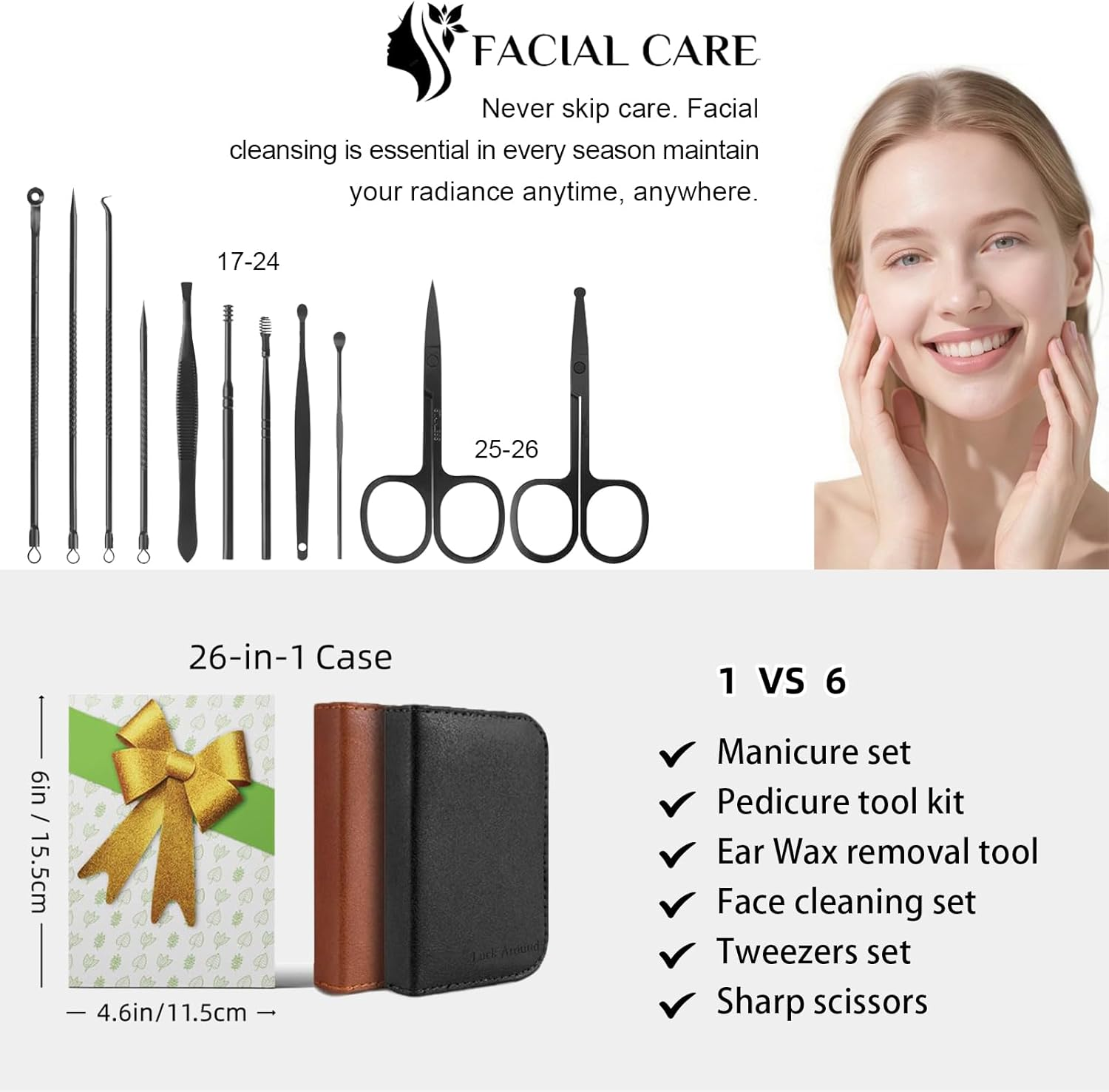 Luck around Manicure Set, Professional Nail Clippers Pedeicure Kit 26 Pieces Nail Care Tools for Travel & Grooming (Brown) - Black image number 7