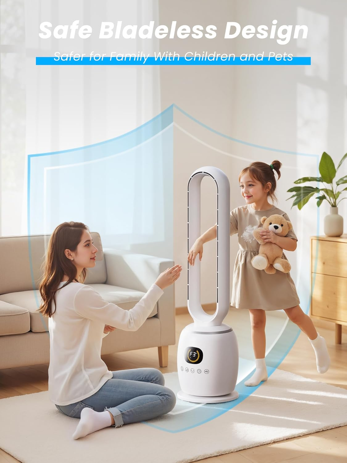 STORMHERO Tower Fan Bladeless - Quiet Tower Fans for Rooms with Remote, Oscillating Bladeless Fan 3 Modes, 3 Speeds, 12H Timer Pedestal Fans, Standing Floor Fan for Home, Bedroom, Baby Room, Office