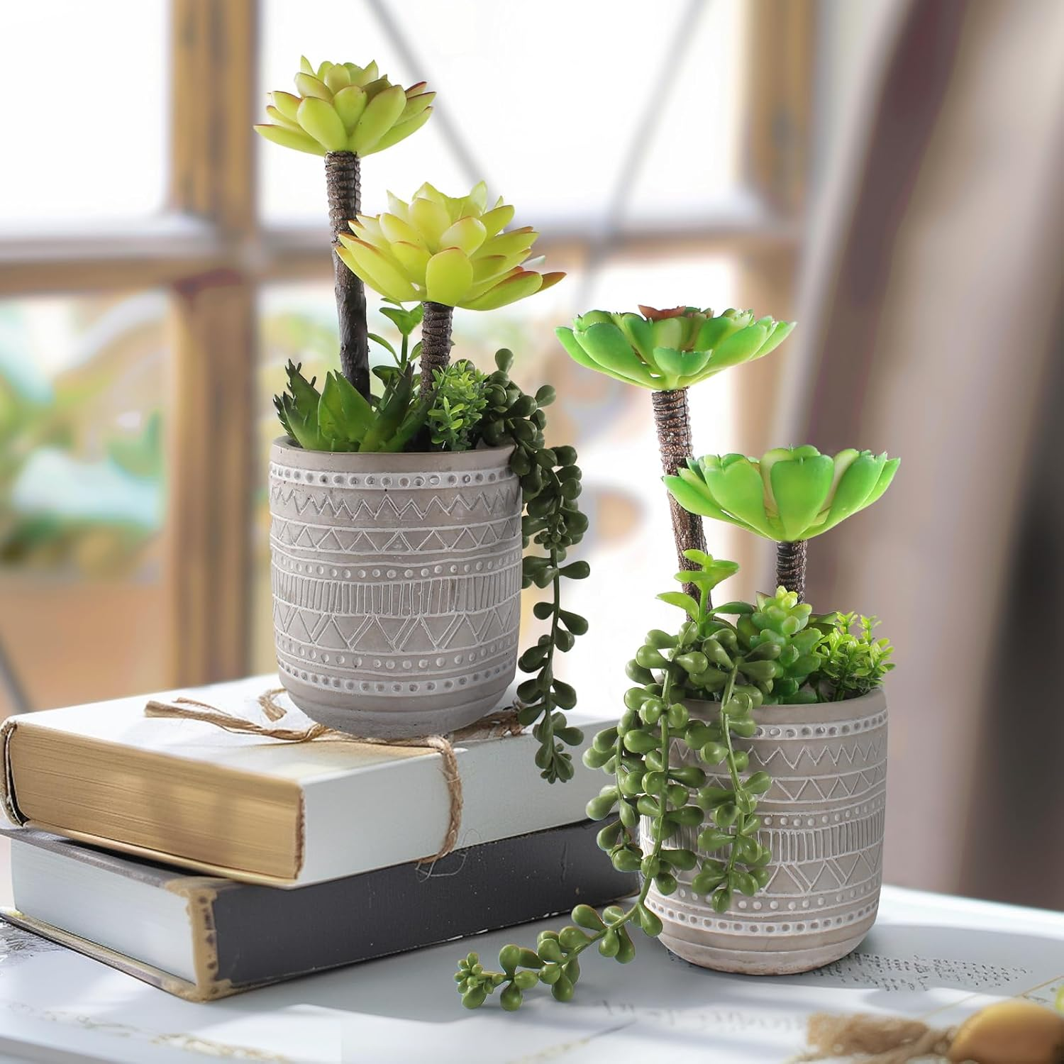 Artificial Succulents 11 Inch Realistic Textured Fake Succulents Faux Plants Aloe String of Pearls Potted Ceramic Plant for Home Decor Table Centerpiece image number 6