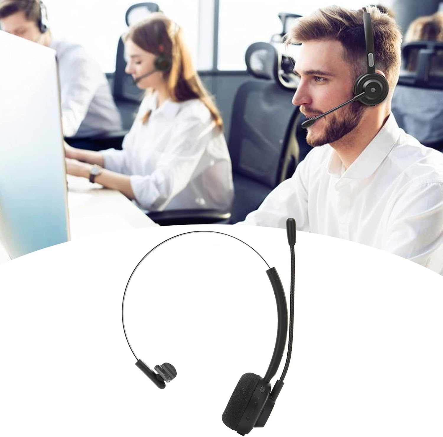 Annadue Trucker Bluetooth Headset with Microphone, Wireless On-Ear Headphones with Noise Cancellation, up to 60 Hours Working Time, for Skype, Mobile Phone, Computer, Office, Home, Call Center image number 5