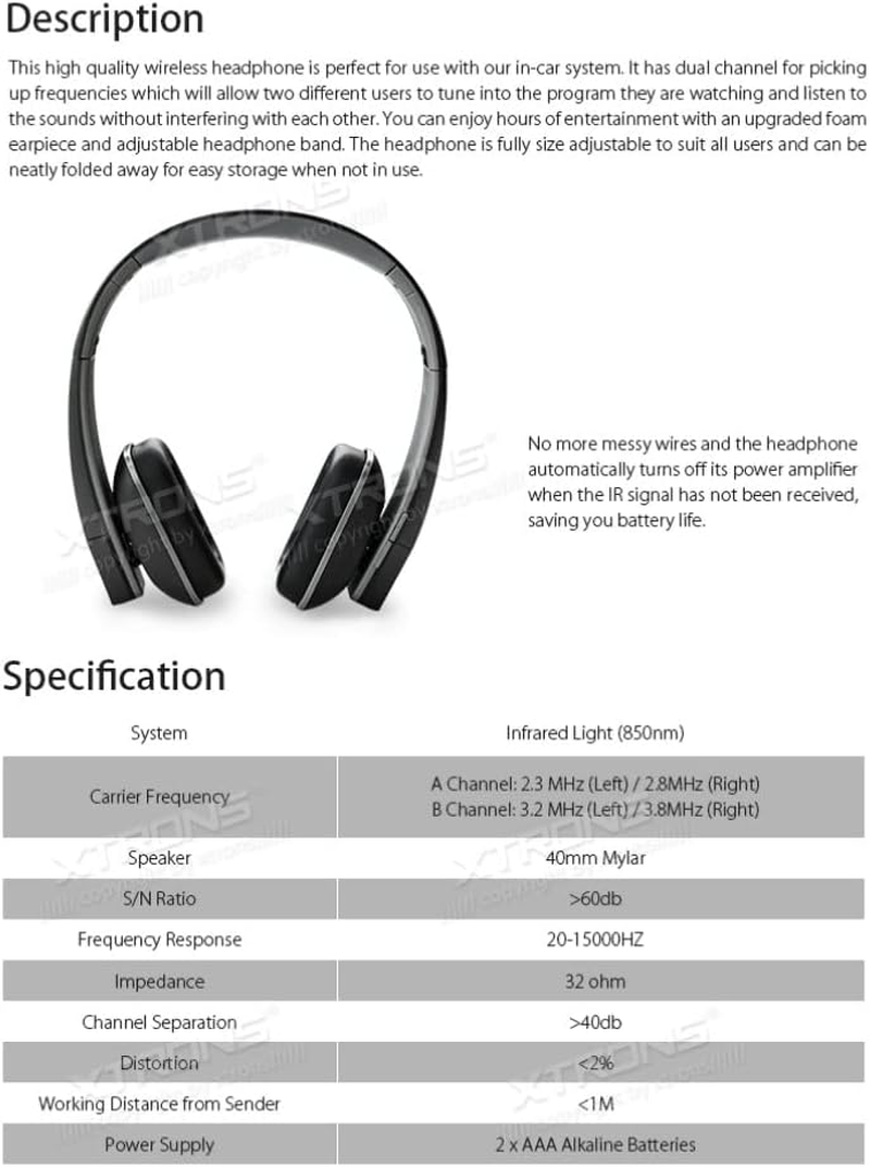 XTRONS IR Wireless Dual Channel Stereo Headphones Infrared Headsets Cordless 2 Channels with Built-In IR Transmitter (DWH005) image number 4