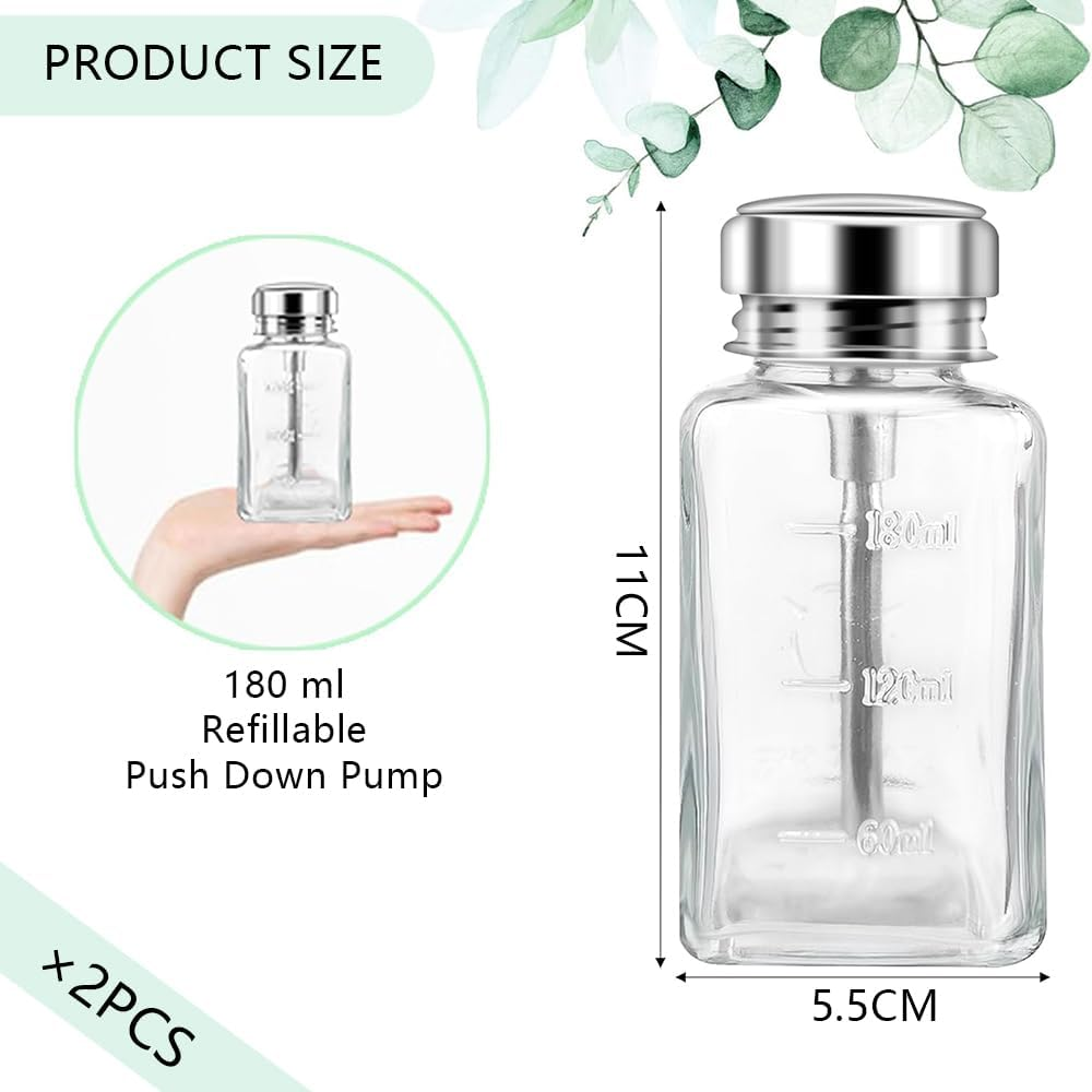 2 Pack 180 ML Square Glass Pump Dispenser Bottles &ndash; Refillable Flip-Top Bottles for Alcohol, Nail Polish Remover, Makeup Remover &ndash; Clear Travel Size Containers with Metal Cap
