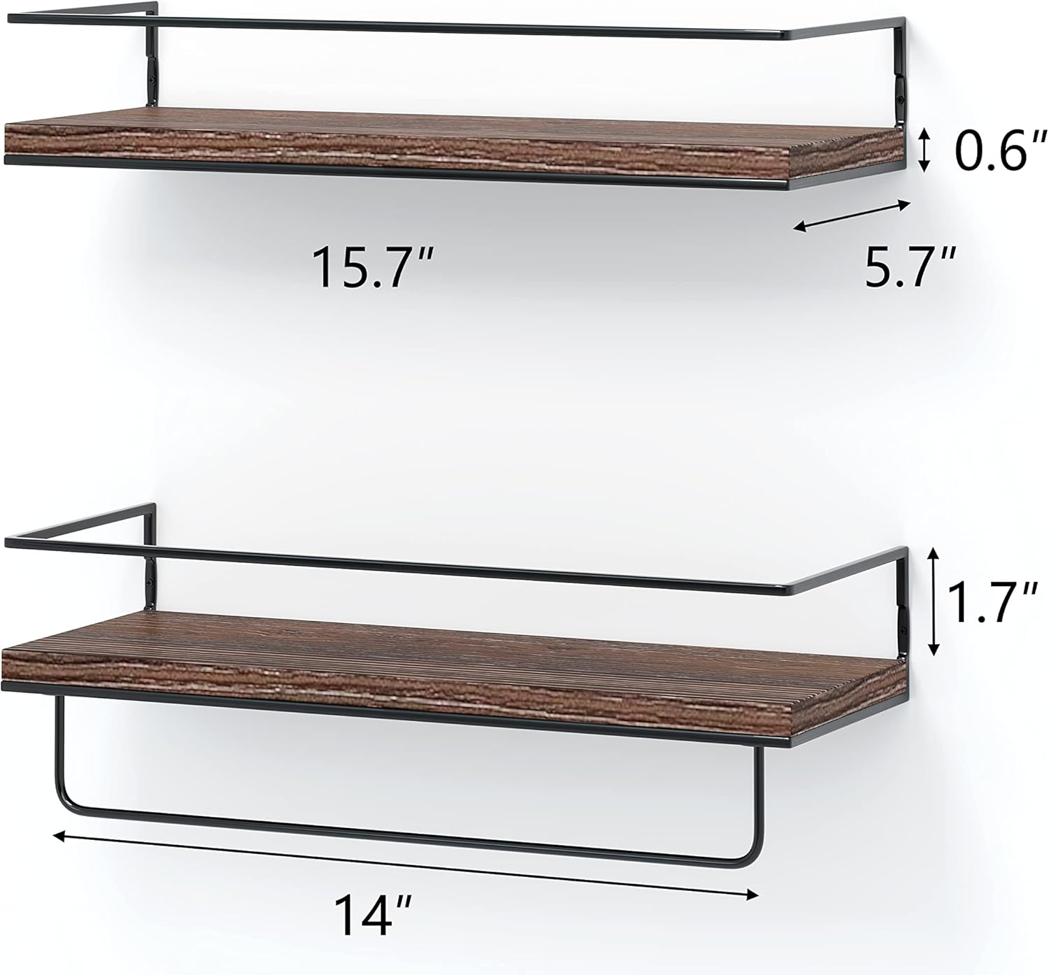 Shario Rustic Wood Floating Shelves - Set of 2, Wall Mounted Hanging Shelves with Black Towel Rack, Decorative Storage Shelves for Bathroom, Kitchen, Living Room & Bedroom (Dark Carbonized Brown) - Dark Brown image number 5