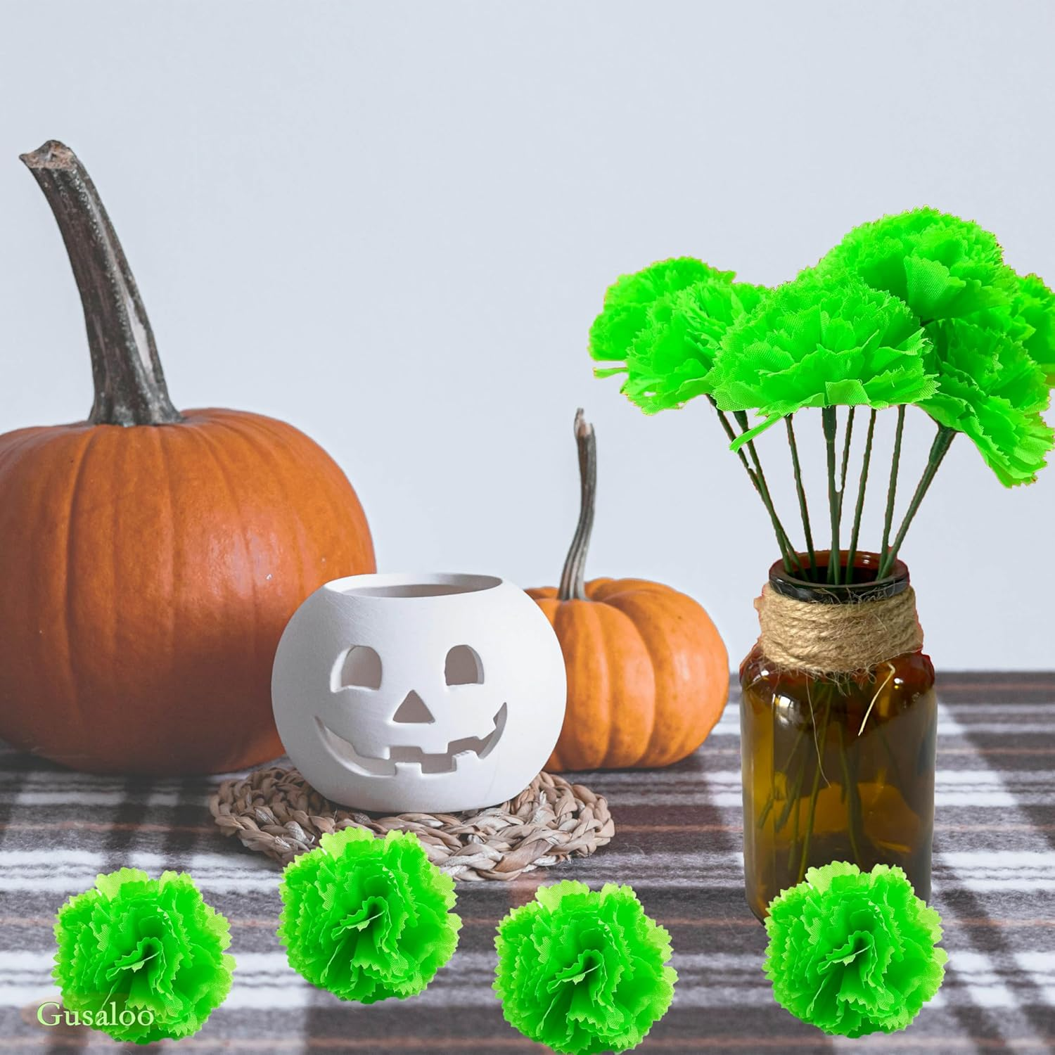 Marigold Flower Heads Bulk 50Pcs, Faux Mexican Marigold Artificial Flowers for Diwali Home Decor DIY Wreath Garland Craft Wedding Mexican Party Day of the Dead Decoration Halloween Decor(Green) image number 4