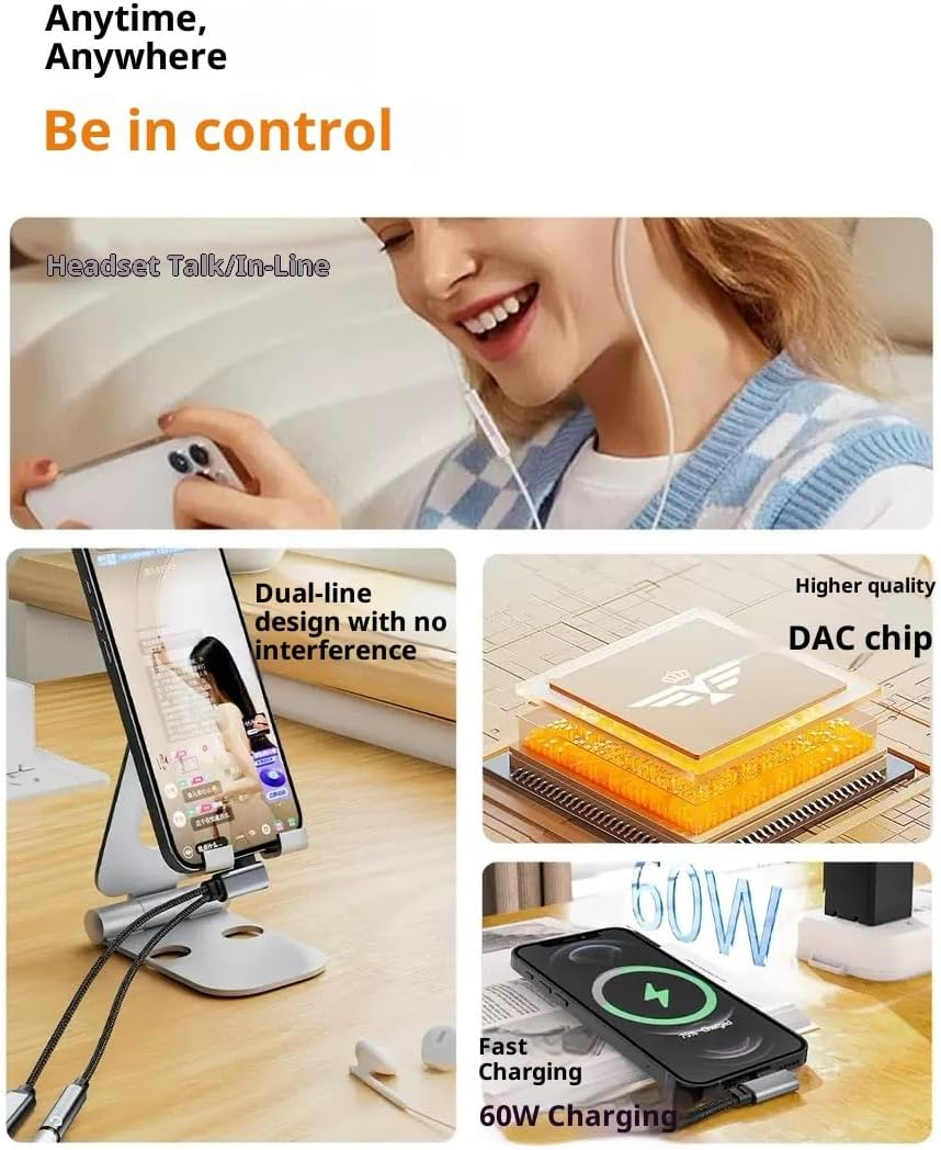 JIARUIJIANKJ USB C Headphone Jack Adapter and Charger for Iphone 17 16 USB C to 3.5Mm Audio Adapter 2In1 Type C to Aux Headphone Jack Dongle Cable Cord with PD 60W Fast Charging,Galaxy S25/S24/S23 image number 6