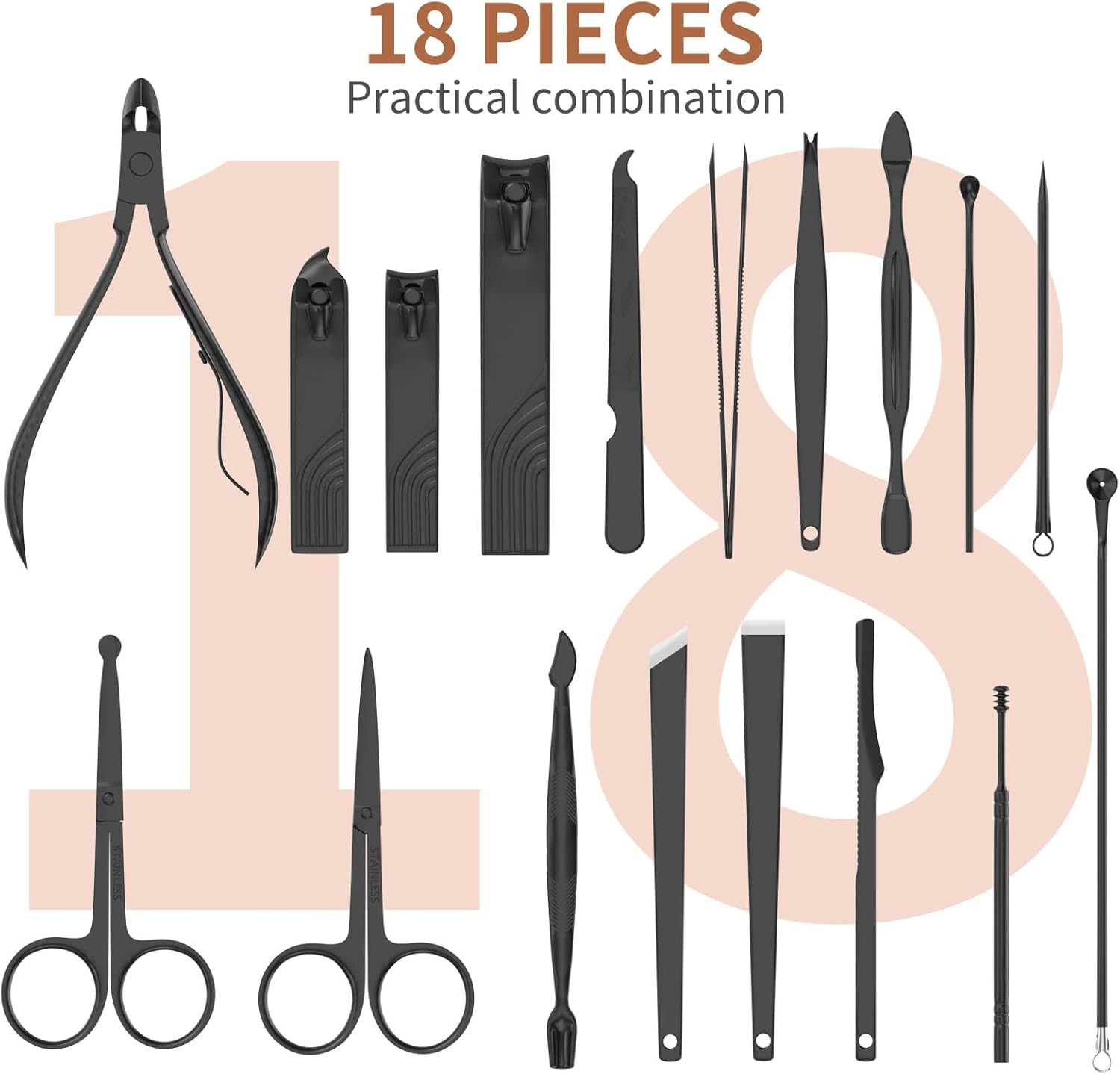 ZIZZON Nail Clippers Manicure Pedicure Set 18 in 1 Nail Grooming Kit with Leather Travel Case(Black/Pink) image number 6