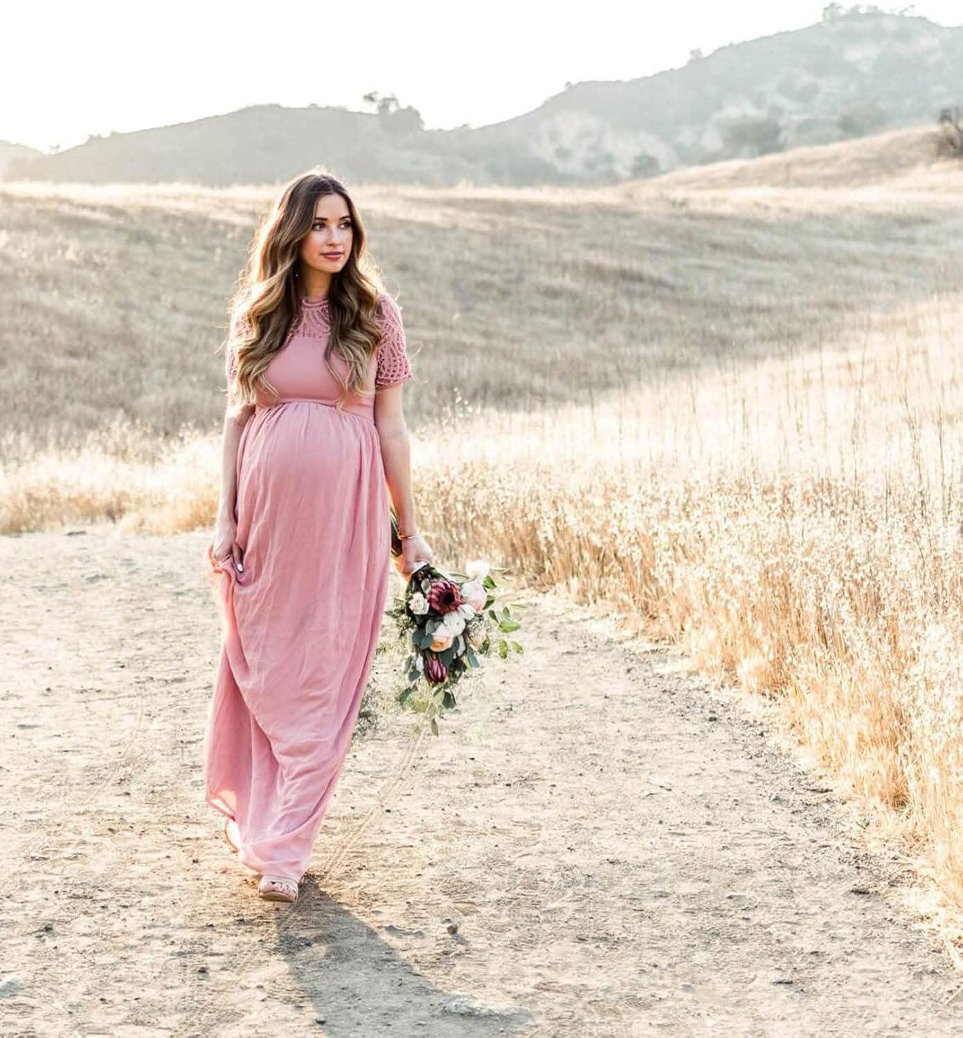 Women Maternity Dress for Photoshoot Lace Ruffle Short Sleeve Gown Maxi Wedding Pregnancy Photography Dress image number 3