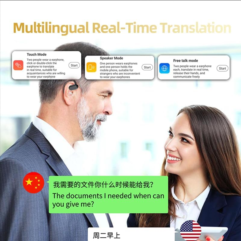 Voice Translator Earphones, Two-Way Translator Device with App for 144 Languages Offline, Intelligent Instant Voice Translator, Bluetooth 5.4 Wireless Music Earphones For image number 1