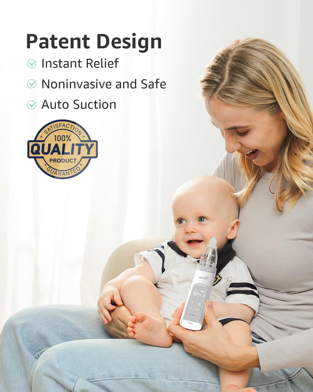 GROWNSY Nasal Aspirator for Baby, Electric Nose Aspirator for Toddler, Baby Nose Sucker, Automatic Nose Cleaner with 3 Silicone Tips, Adjustable Suction Level, Music and Light Soothing Function (Gray) - Grey image number 6